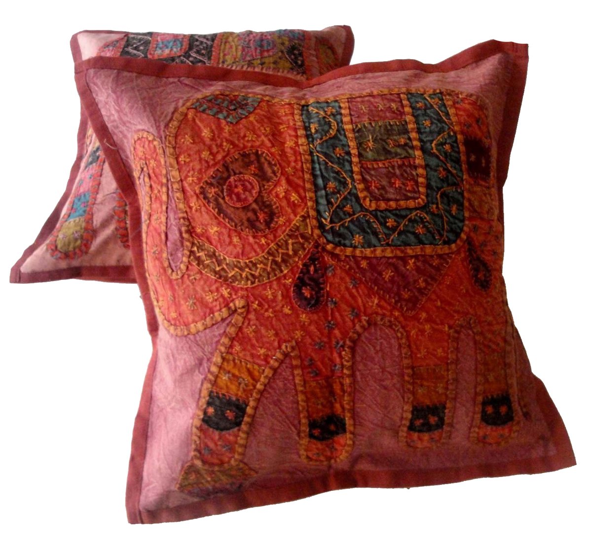 Amazingindiaonline 2pcs Handcrafted Applique Unique Patchwork Ethnic Indian Elephant Throws Pillow Cushion Covers (Red)