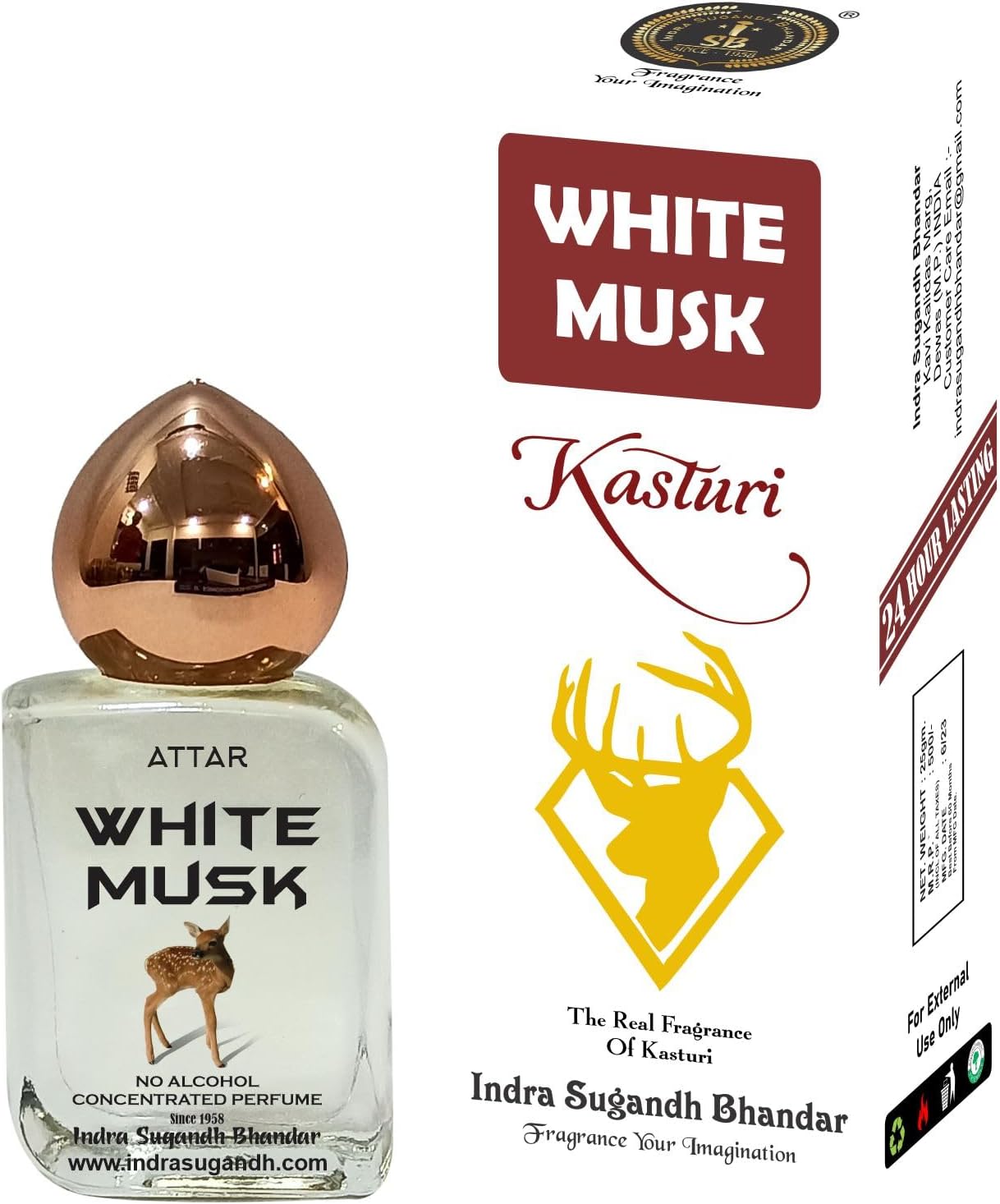 INDRA SUGANDH BHANDAR Attar For Men|Women|Pujan Shahi White Musk Perfume Mild Kasturi 24 Hours Long Lasting Fragrance 15Ml Roll on Cubic Fancy Pack