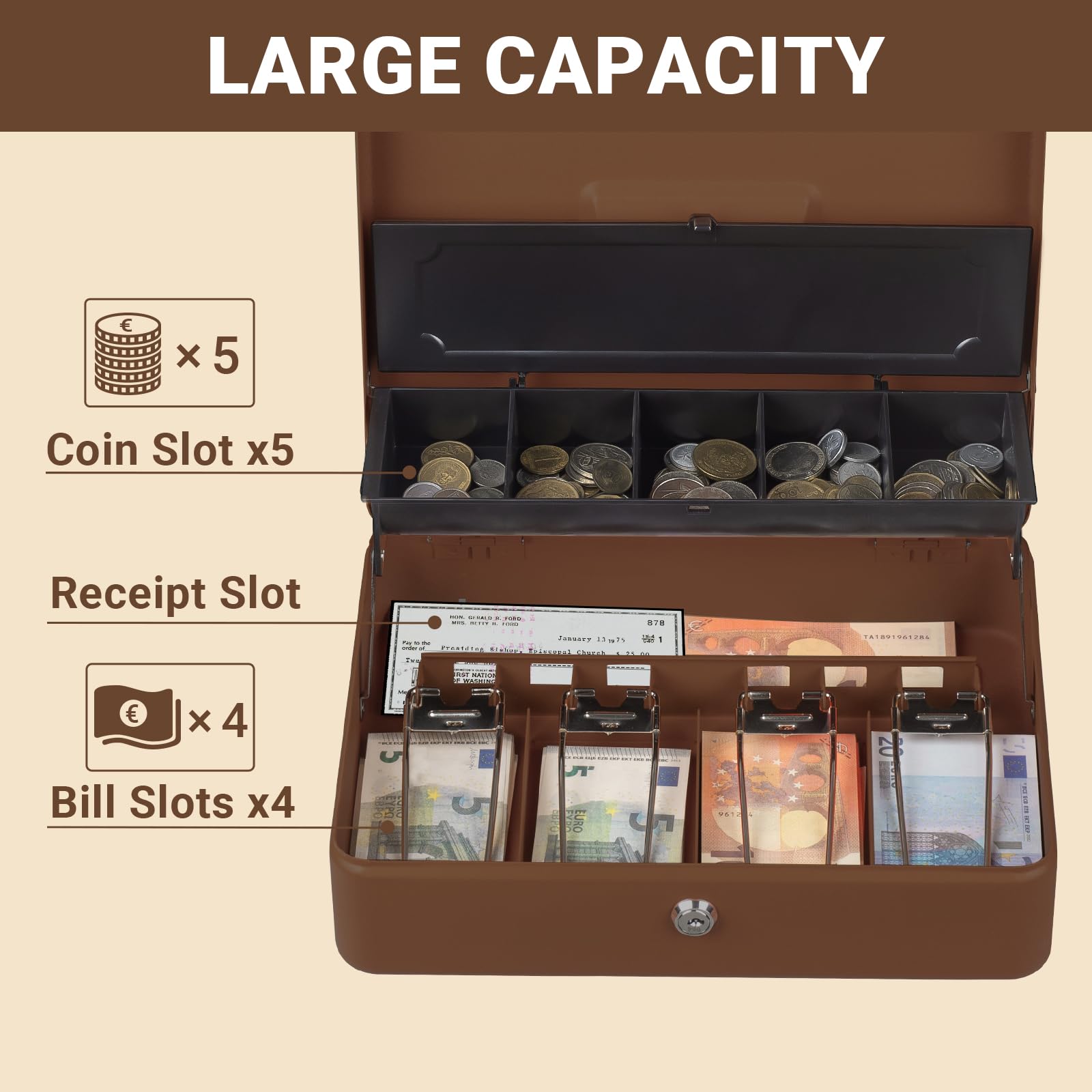 Tera Tiroir Caisse Enregistreuse à Monnaie et Billets Ouverture Manuelle et Automatique, 4 Compartiments de Billets et 5 de Pièces,30 x 24 cm, POS Restaurant Supermarché, KL380-CF