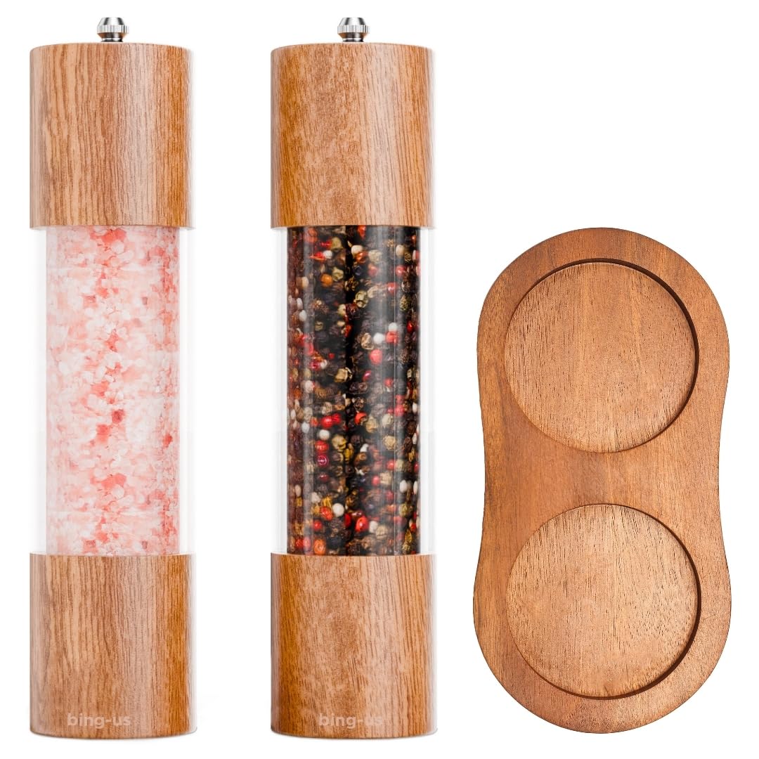 BING-US Wooden and Acrylic Salt and Pepper Grinder Set | 8-Inch Manual Mills with Adjustable Ceramic Grinding Mechanism | Includes 2 Grinders + Wood Base | Premium Salt and Pepper Grinders