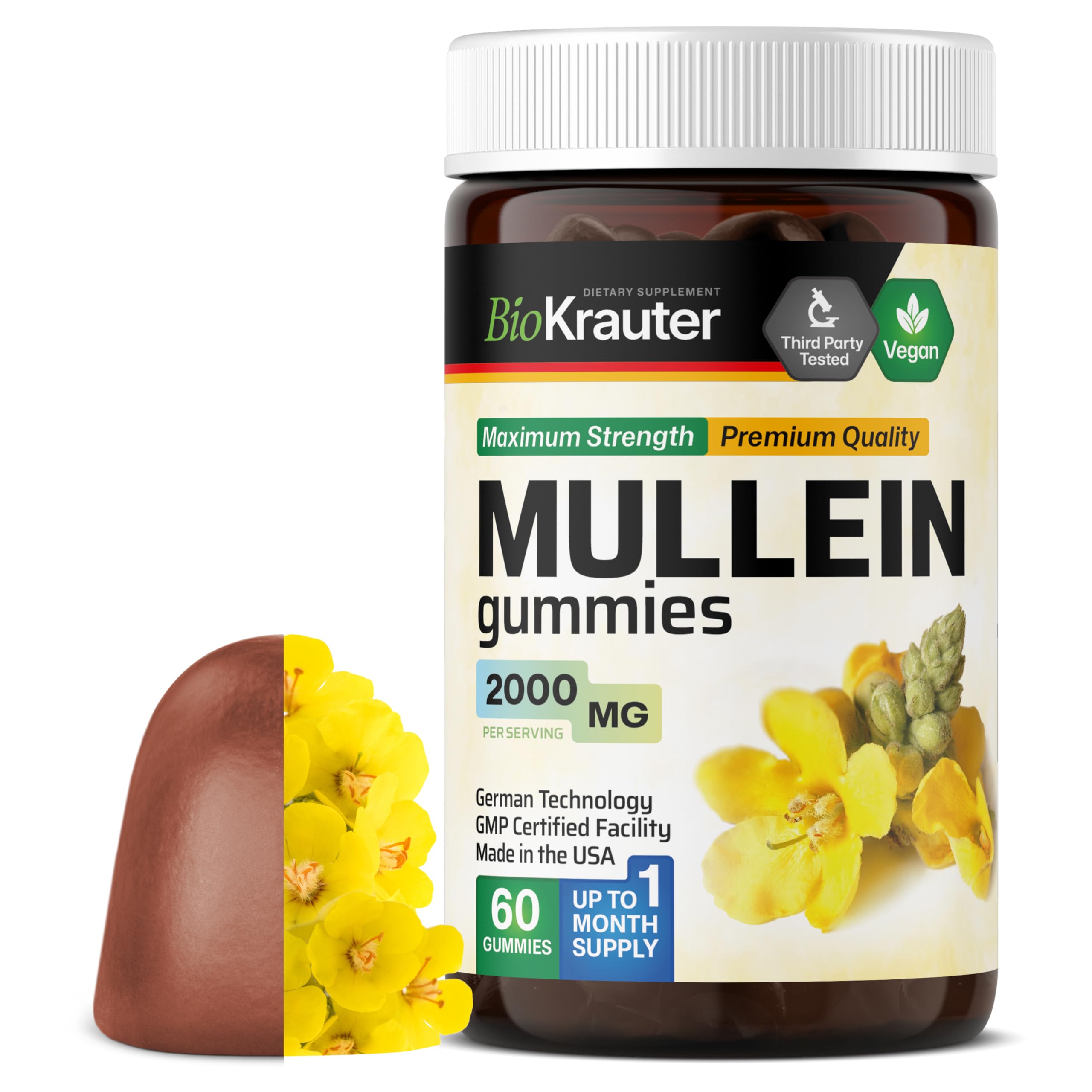 BIO KRAUTER Mullein Gummies for Lungs 2000 mg - 60 Chews - Lung Detox Supplement - Mullein Leaf Gummies - Vegan, Gelatine-Free