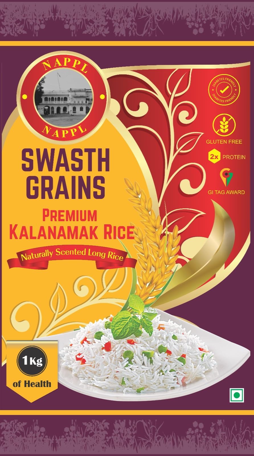 Swasth Grains Kalanamak Rice 1kg (Pack of 9) | Low Glycemic Index | High in Zinc and Iron | Buddha Rice