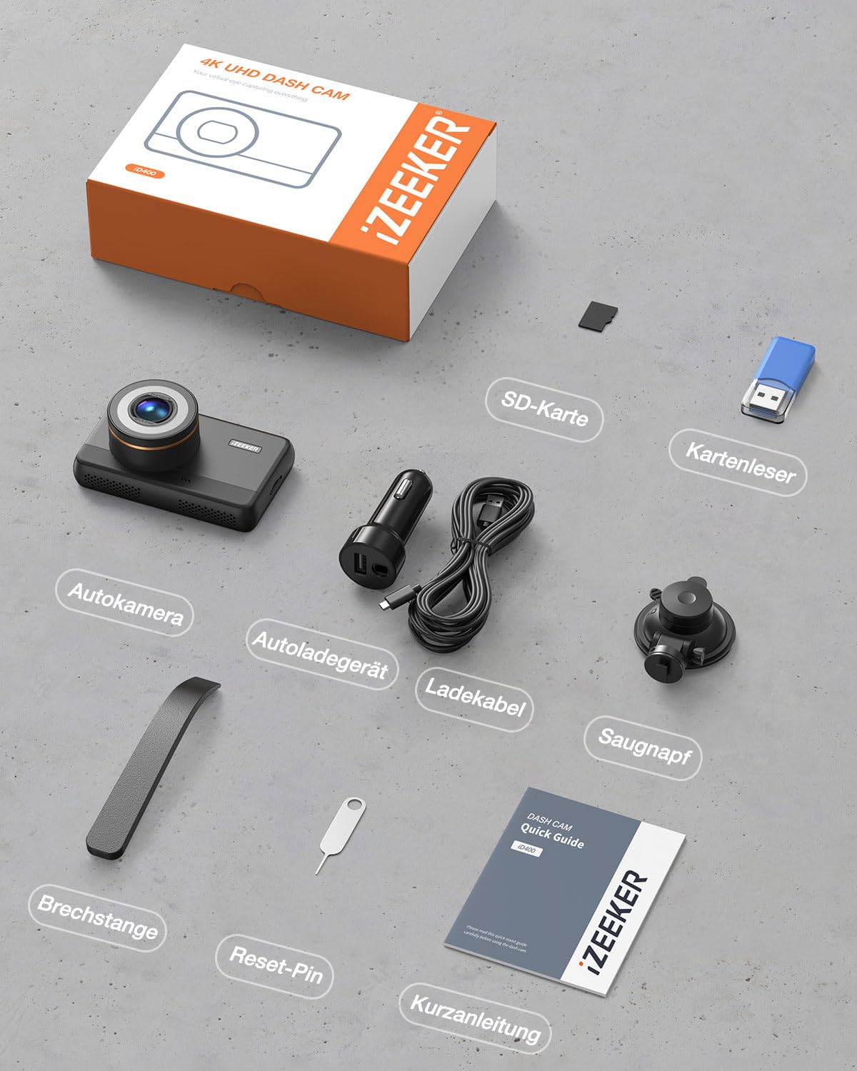 iZEEKER 4K Dashcam Auto mit WiFi, 32GB Karte, Nachtsicht, 24/7 Parküberwachung, WDR, 170° Weitwinkel