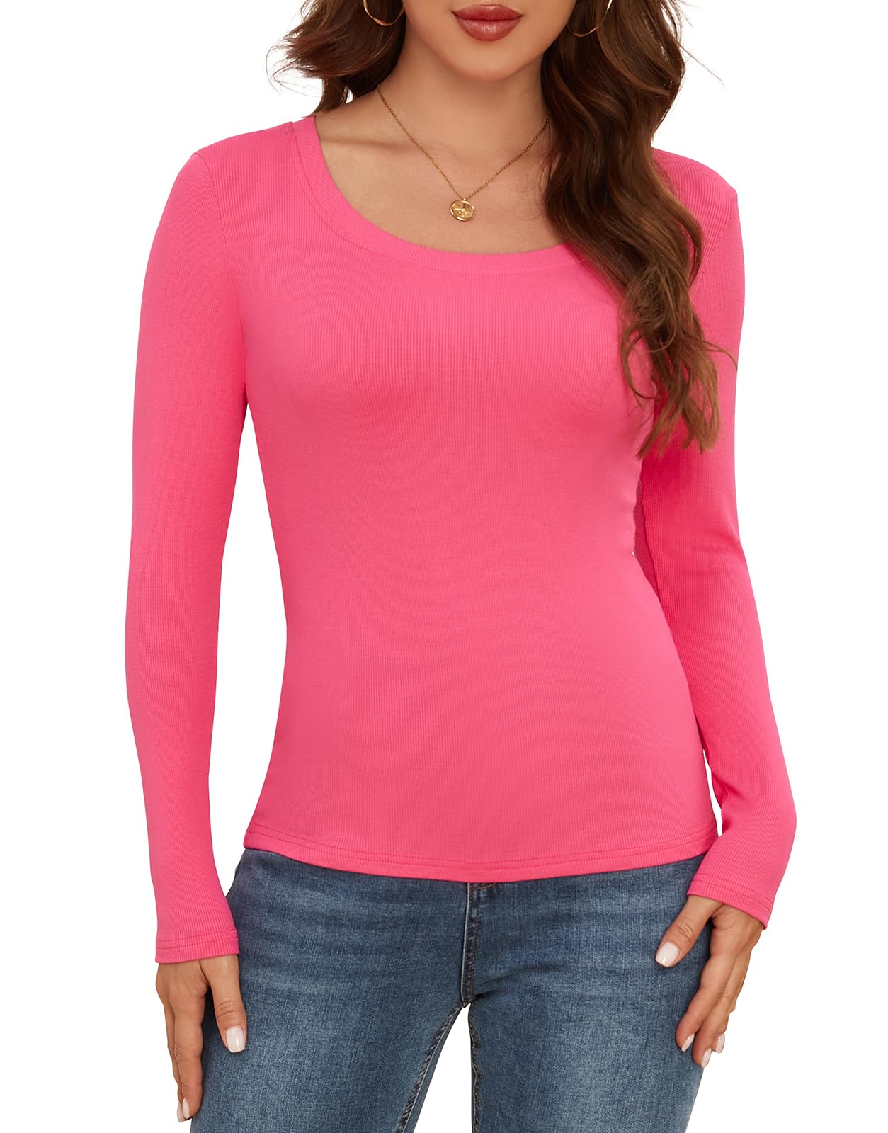 AUHEGN Long Sleeve Shirts for Women Scoop Neck Lightweight Stretchy Fitted Ribbed Basic Layer Tops Blouse