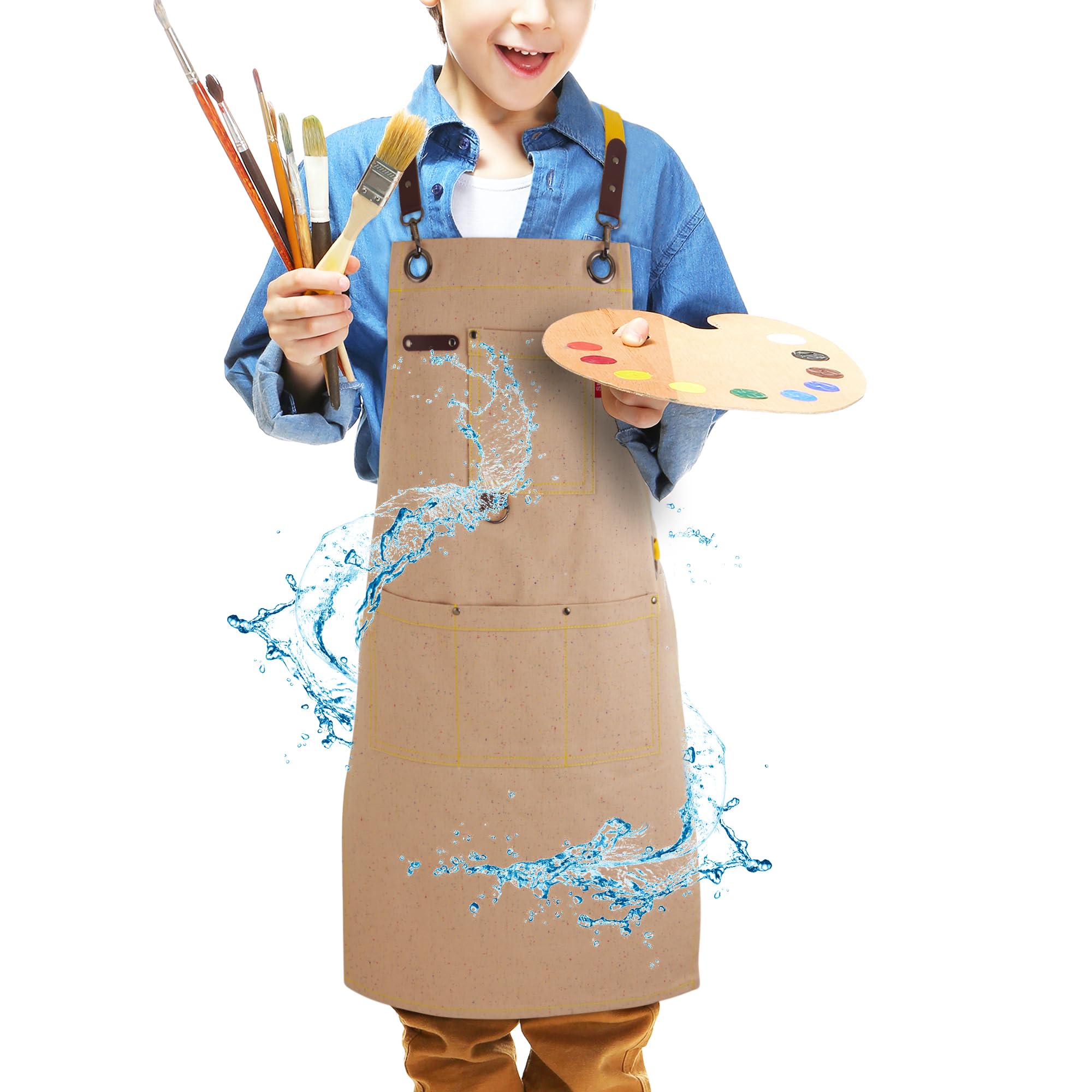 Stenffy Kids Art Aprons for Painting, Gardening, Cooking, Multiple Pockets, Kids Smock for Boys & Girls, Waterproof (Age6-12) (Toffee)