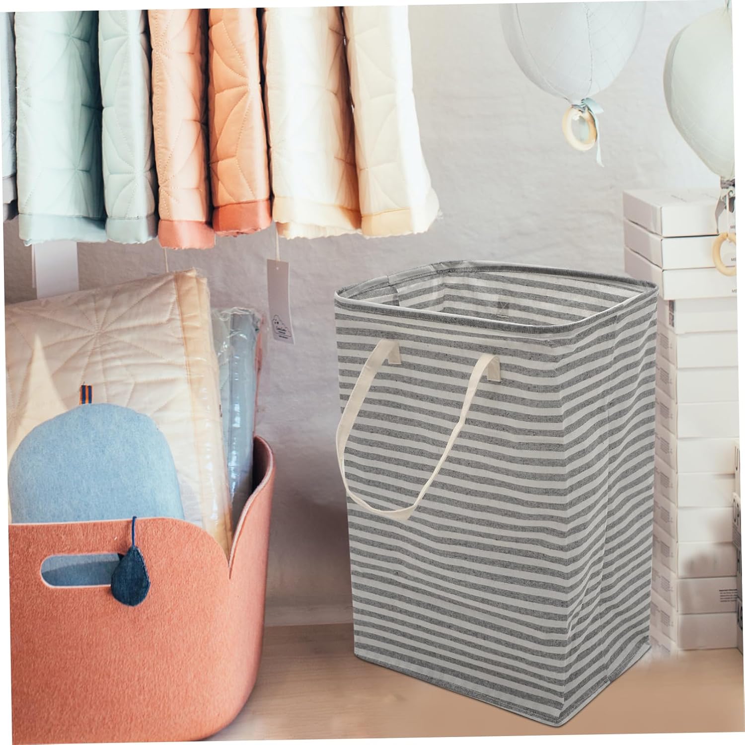 Large Capacity Folding Laundry Basket Portable Handheld Storage Hamper for Clothes and Shoes Collapsible Cotton Linen Gray Striped Laundry Bin for Bathroom and Bedroom Organization