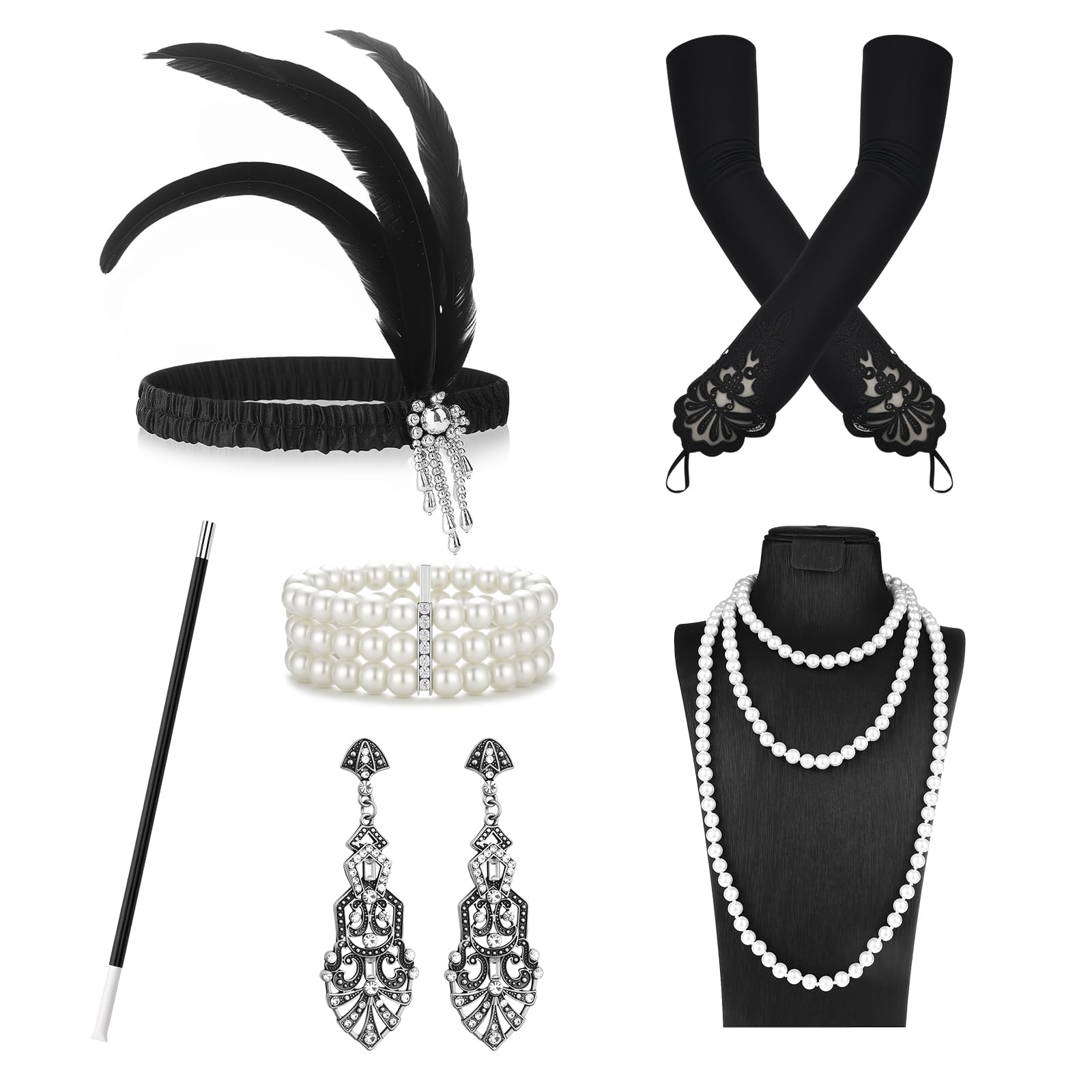 Grantop 6PCS 1920s Flapper Great Gatsby Accessories,1920s Fancy Dress Accessories with Headband Earrings Pearl Necklace Gloves Handheld Props,Vintage 1920s Accessories, Roaring 20s Costume for Women