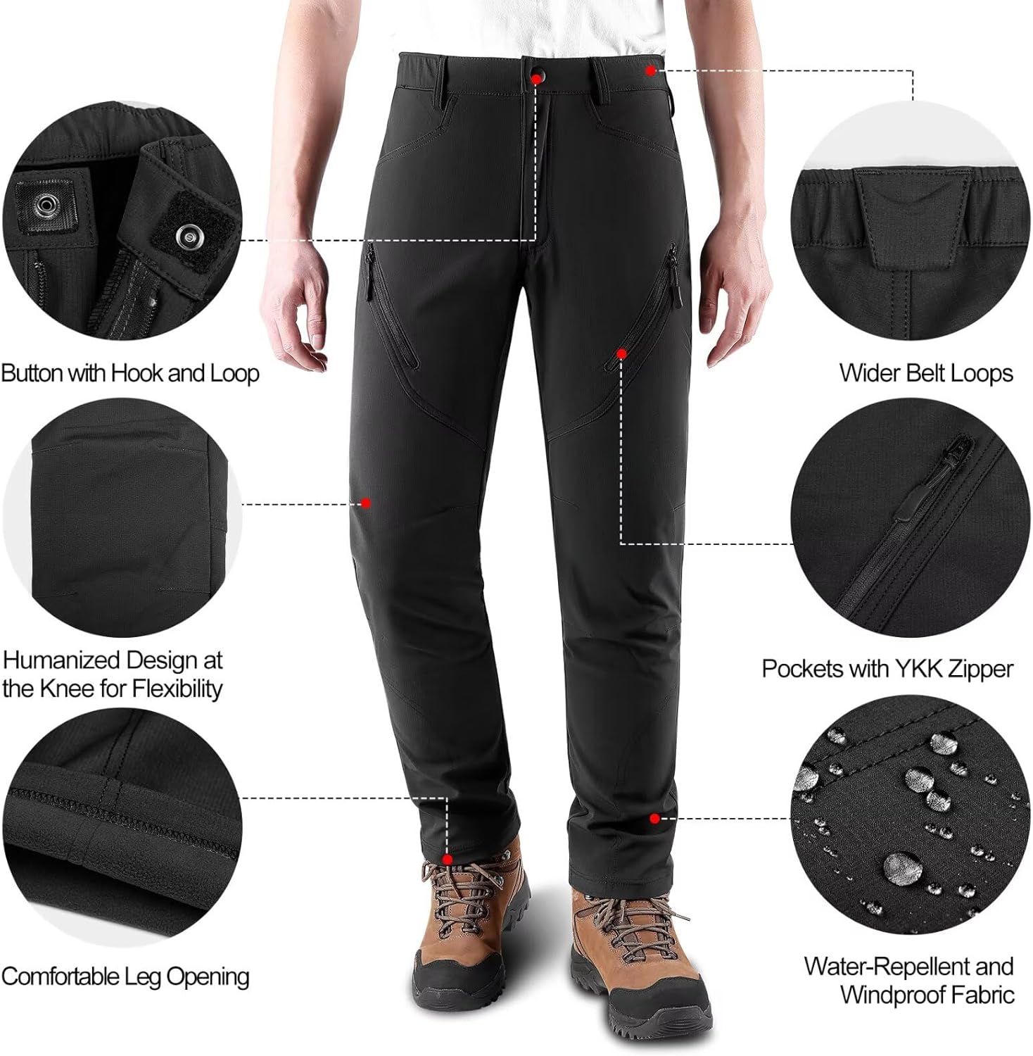 KUTOOK Men's Hiking Pants Softshell Ski Snow Pants Thermal Fleece Lined Water Resistant Outdoor Trousers with 6 Pockets - Image 3