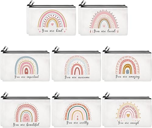 16 bolsas de maquillaje de lona arcoíris con citas inspiradoras a granel bolsas de cosméticos con cremallera You Are Worthy Loved Love hermosos