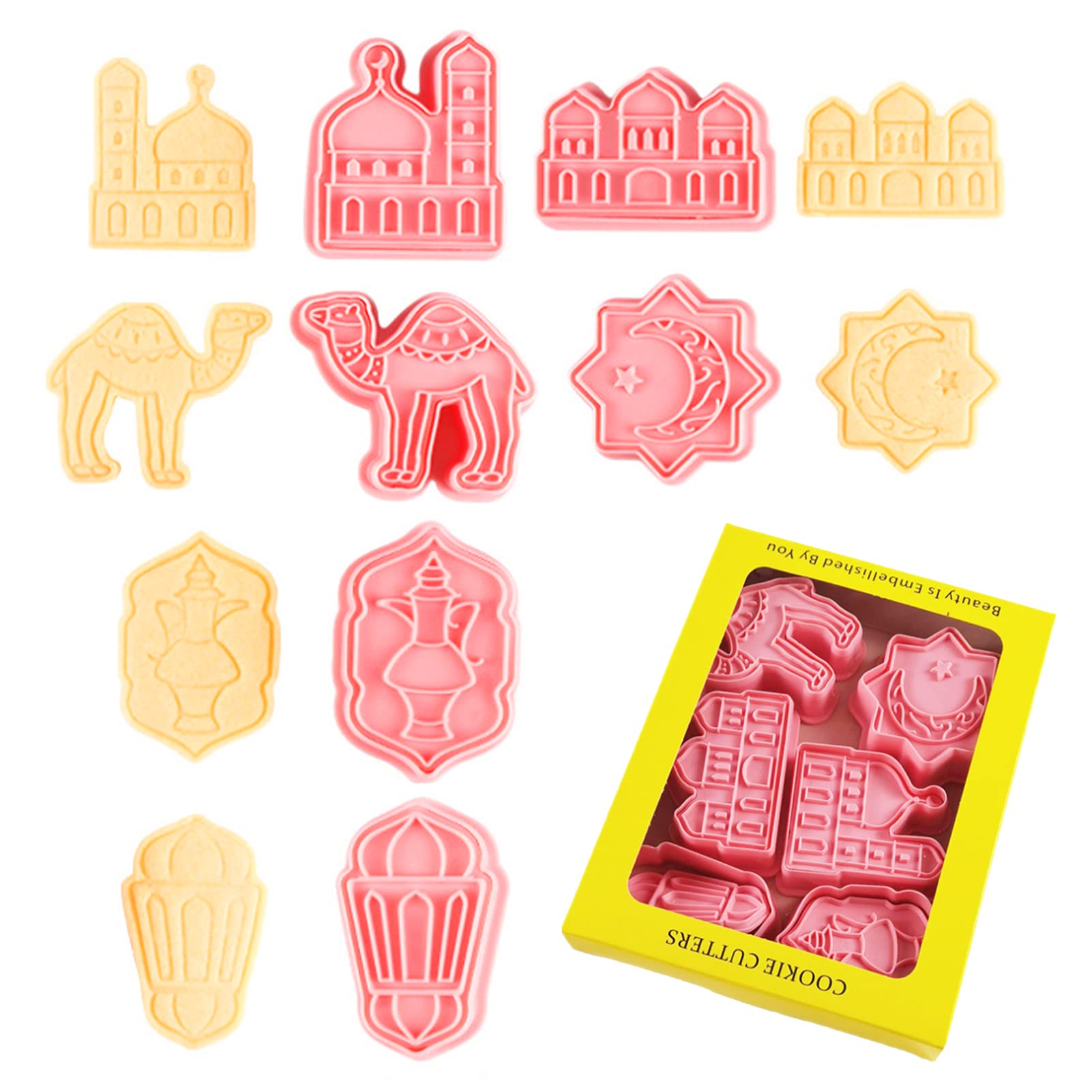 Eid Mubarak Cookie Cutters Muslim Biscuit Mold.6Ps Different Shapes.Mosques.Lantern.Camel.Star and Moon.Coffee Pot.Family DIY Cookie Tools