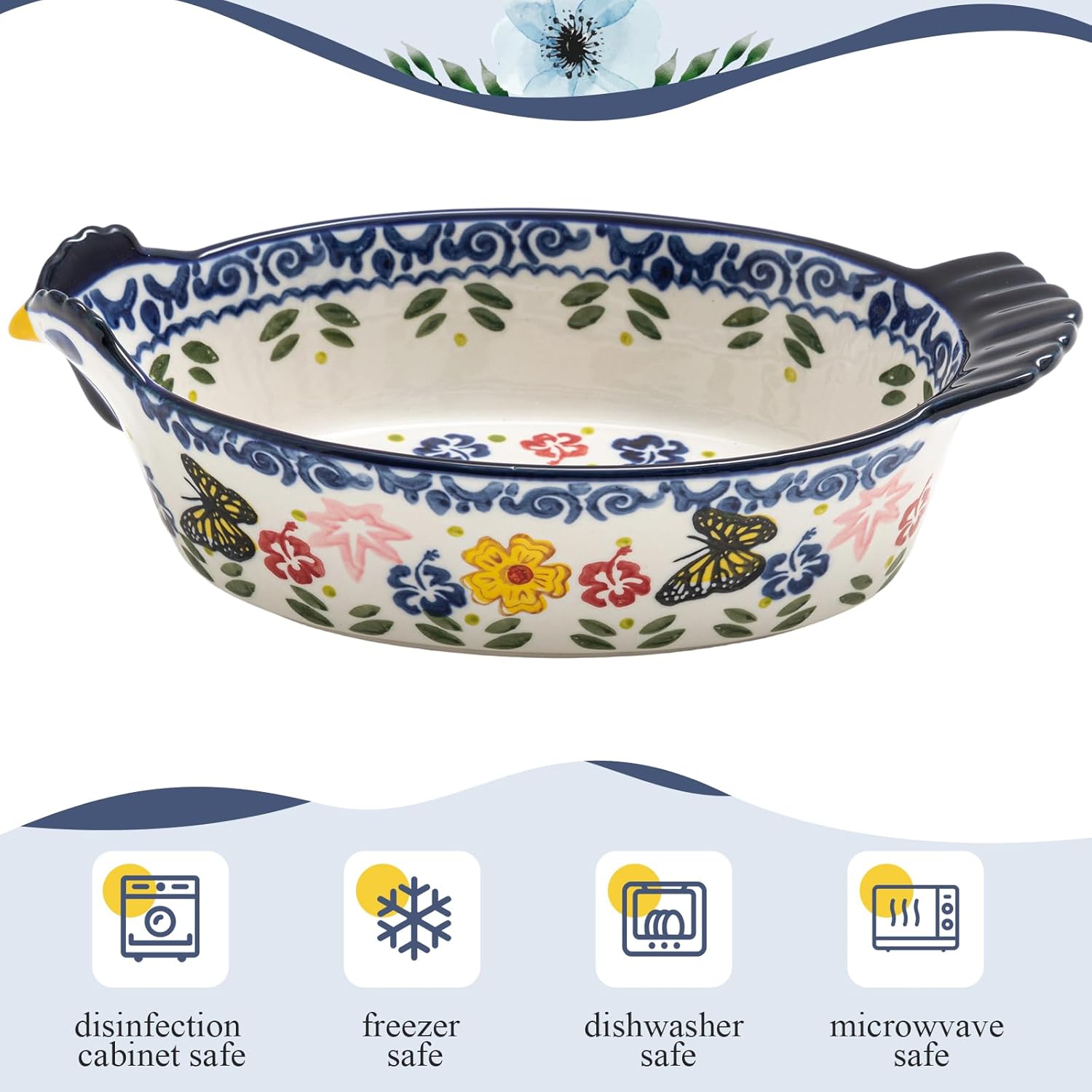 Uiifan 27 oz Ceramic Casserole Dishes Chicken Shape Vintage Pie Pan Bakeware Butterfly and Flower Pattern Plate Lasagna Pans Soup Bowl for Oven, Dishwasher and Microwave Safe