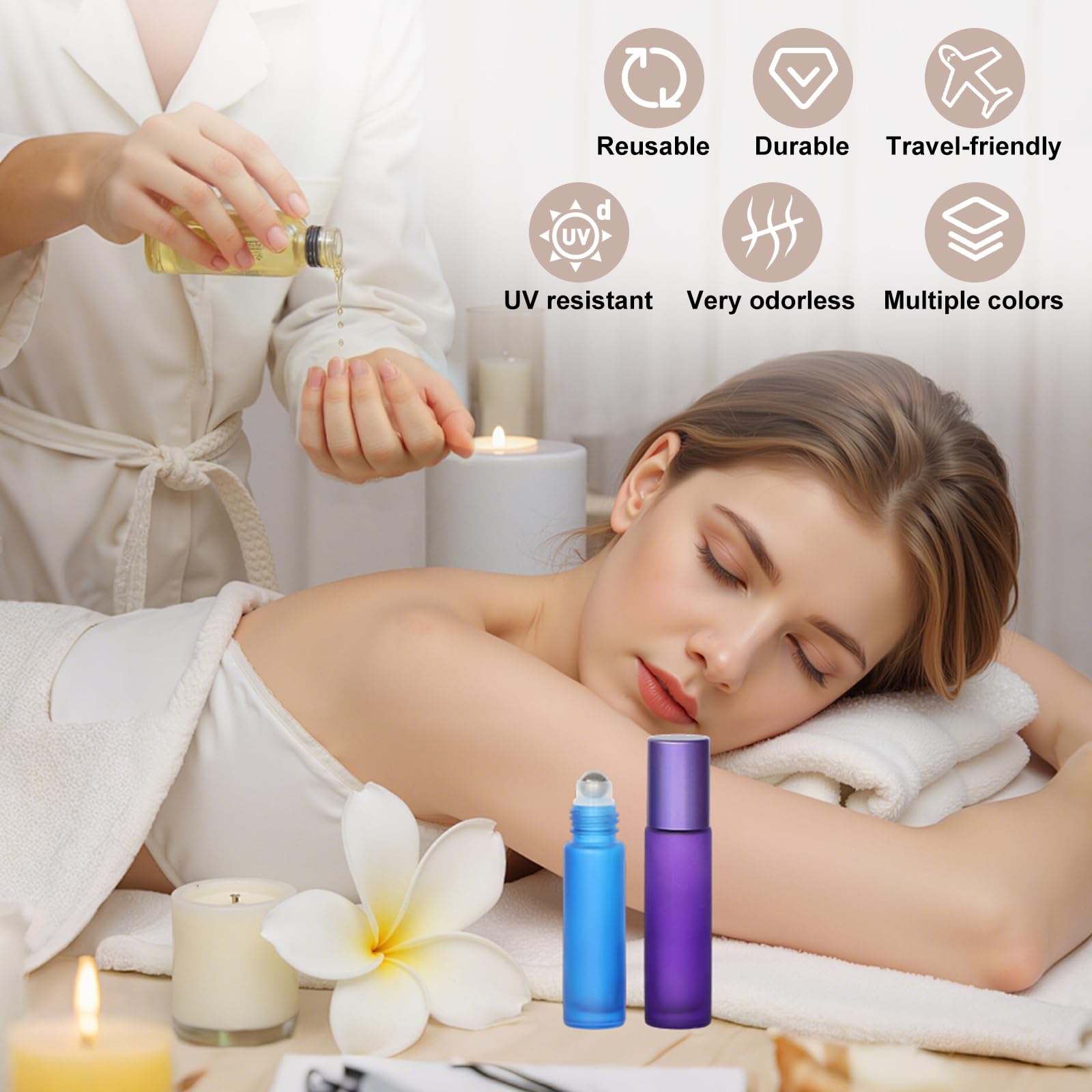 Bottiglie Flaconcini Vuoti per Oli Essenziali, 16 Pz 10ml, Flaconi in Vetro Satinato Colorato con Sfera in Acciaio Inossidabile, Perfetti per Aromaterapia, Profumo e Massaggio