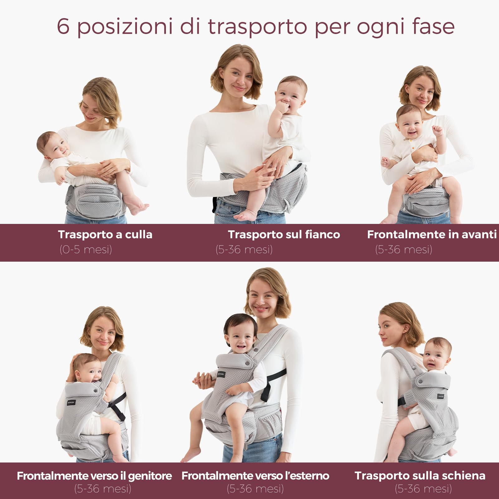 Momcozy Marsupio Neonato con Sede Anca 2 in 1, Portabebè Fronte Strada a Mani Libere fino a 20 kg, Marsupio Bambino 4 Stagioni con Cintura Regolabile fino a 115 cm,Grigio Air Mesh - 4