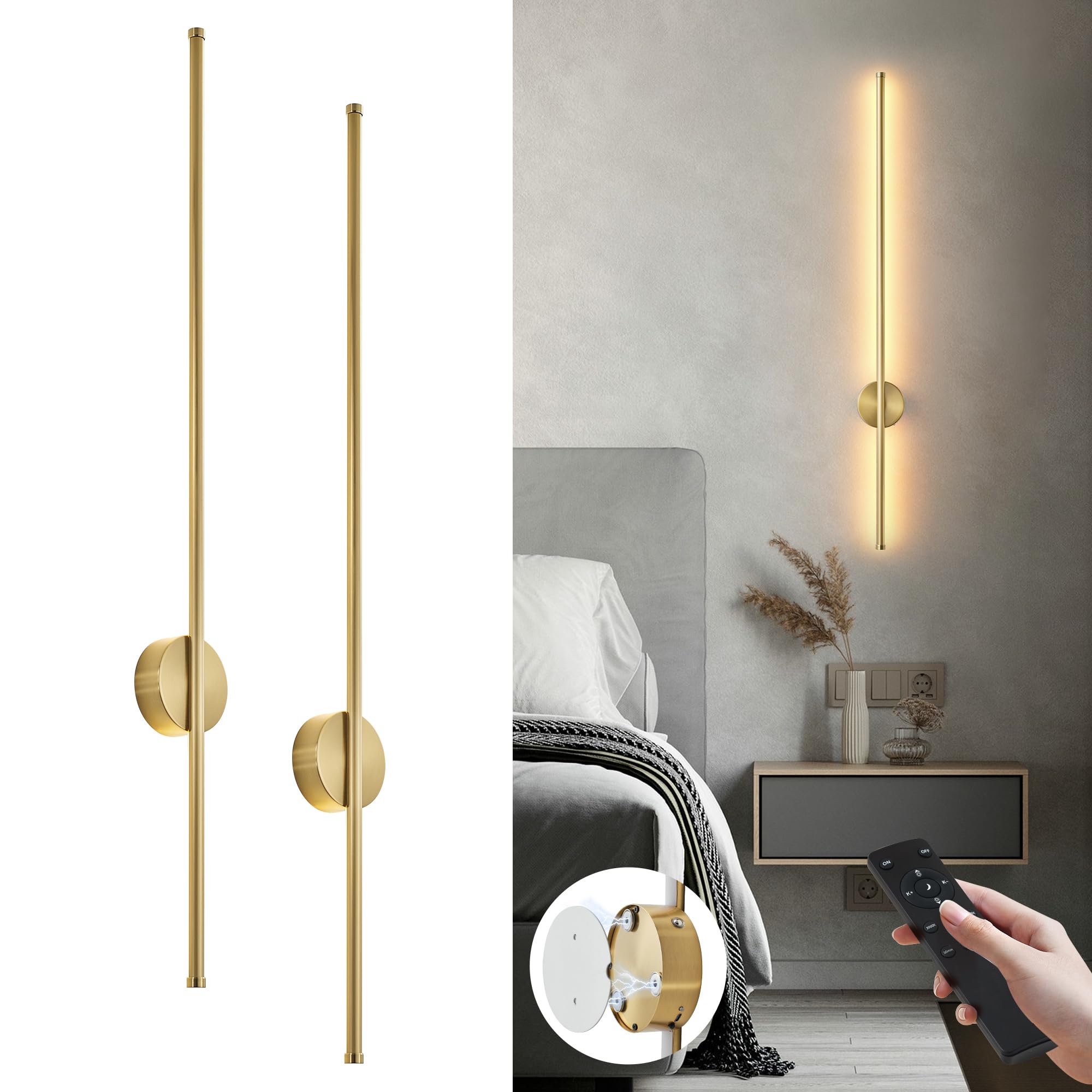 KARTOOSH Battery Operated Modern Wall Sconce Set of Two, 39.3 Inch Brass