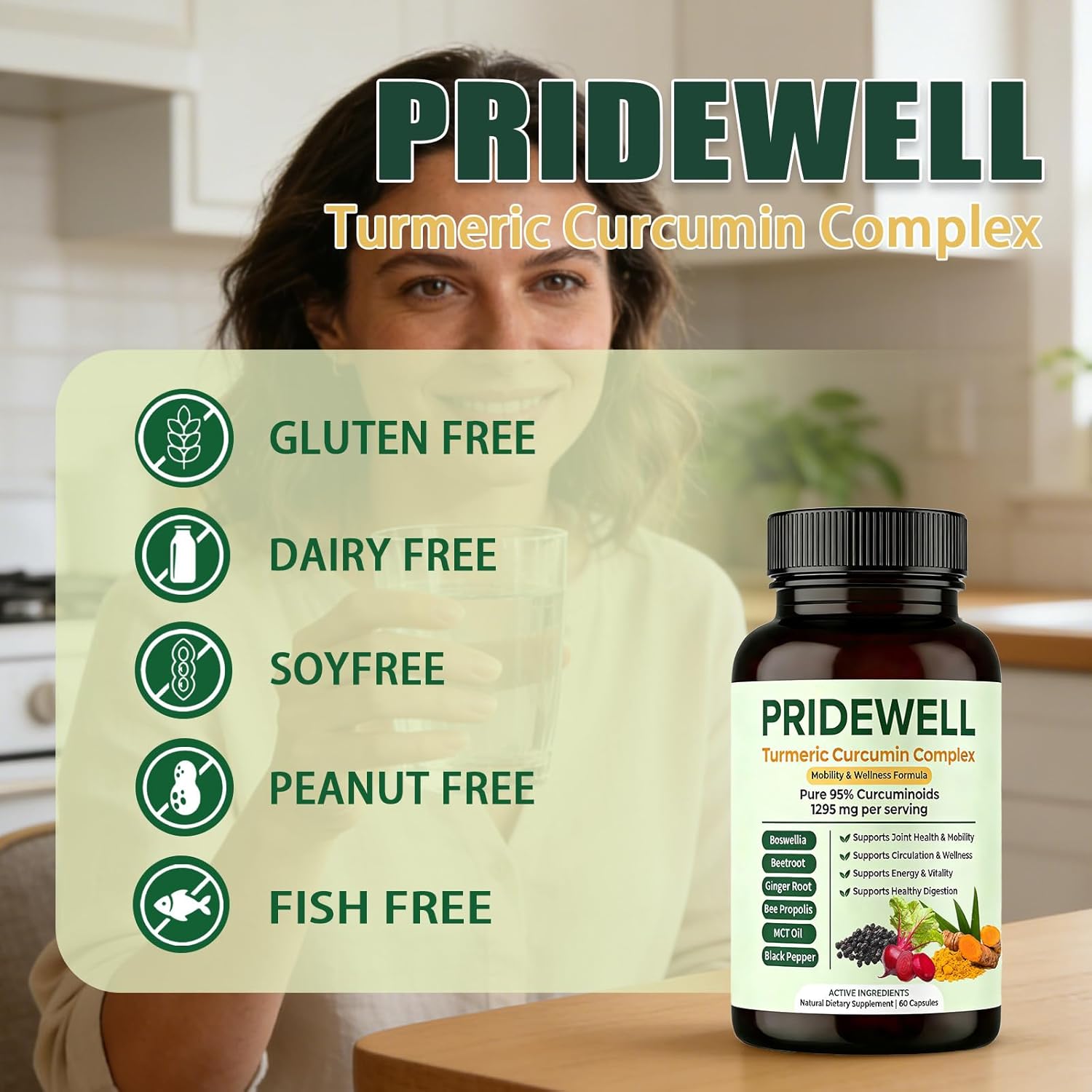PRIDEWELL Powerful Natural Turmeric Curcumin Capsules (1,295 MG) 95% Curcuminoids with Bee Propolis, Ginger, MCT Oil, Fat-Soluble Vitamin C, Beetroot & Black Pepper | 60 Capsules