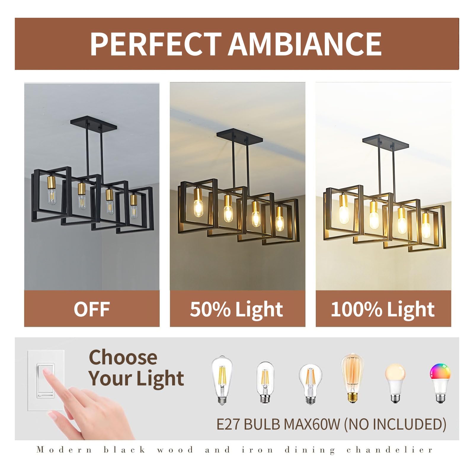 HTsilphelene lampadari da cucina, lampadario della tavola da pranzo, lampadari da cucina per la sala da pranzo il salone, corridoio del foyer, struttura di legno. (Nero,4 luci)