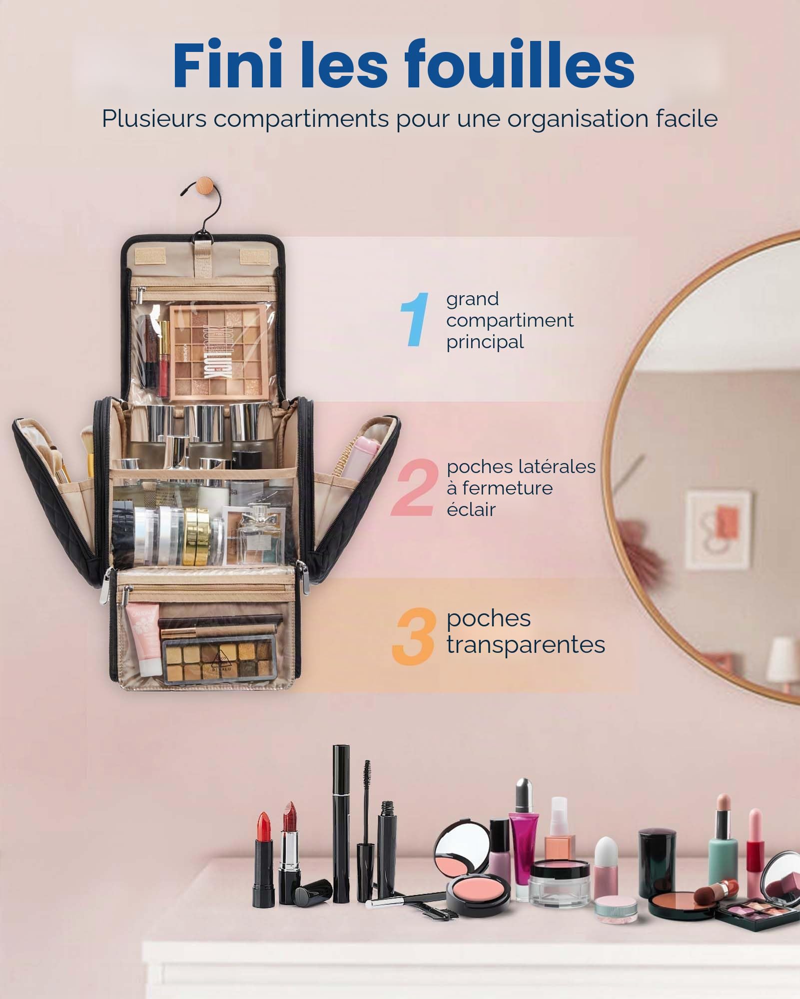 BAGSMART Trousse de Toilette Femme Voyage,Grande Capacité Trousse de Maquillage avec Crochets à Suspendre,Imperméable pour Articles de Toilette,Accessoires de Voyage, Noir