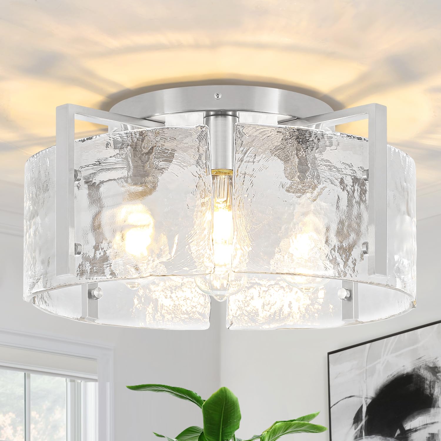 Photo 1 of 18.5'' Modern Brushed Nickel Semi Flush Mount Ceiling Light, Hallway Light Fixtures, 4-Light Glass Ceiling Lights for Entryway Kitchen Dining Room Foyer Bedroom Living Room Bathroom Lighting Fixtures