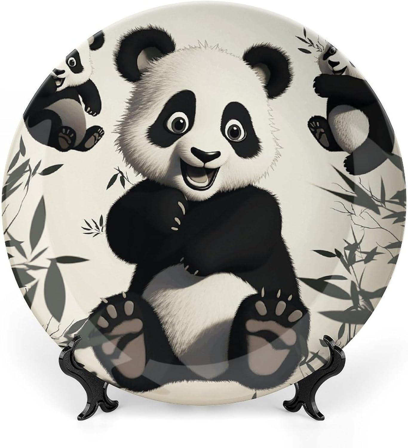 Playful Panda Ceramic Plate 10inch Decorative Bone China Wall Hanging Ornament Plates Bohemian Style Dinner Plate with Display Stand Cabinet Display Plates for Home Art Decor