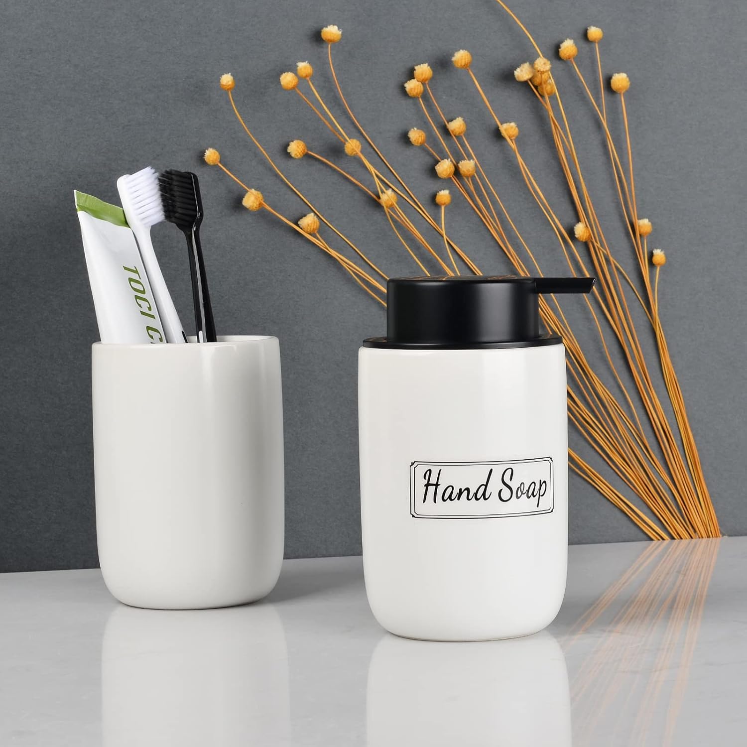 BosilunLife Foaming Soap Dispenser Set - White Ceramic Foam Hand Dispenser 12oz Soap Dispenser Set with Rust Proof Pump, 4Pcs Clear Stickers for Kitchen, Bathroom - 2 Pack - Image 8