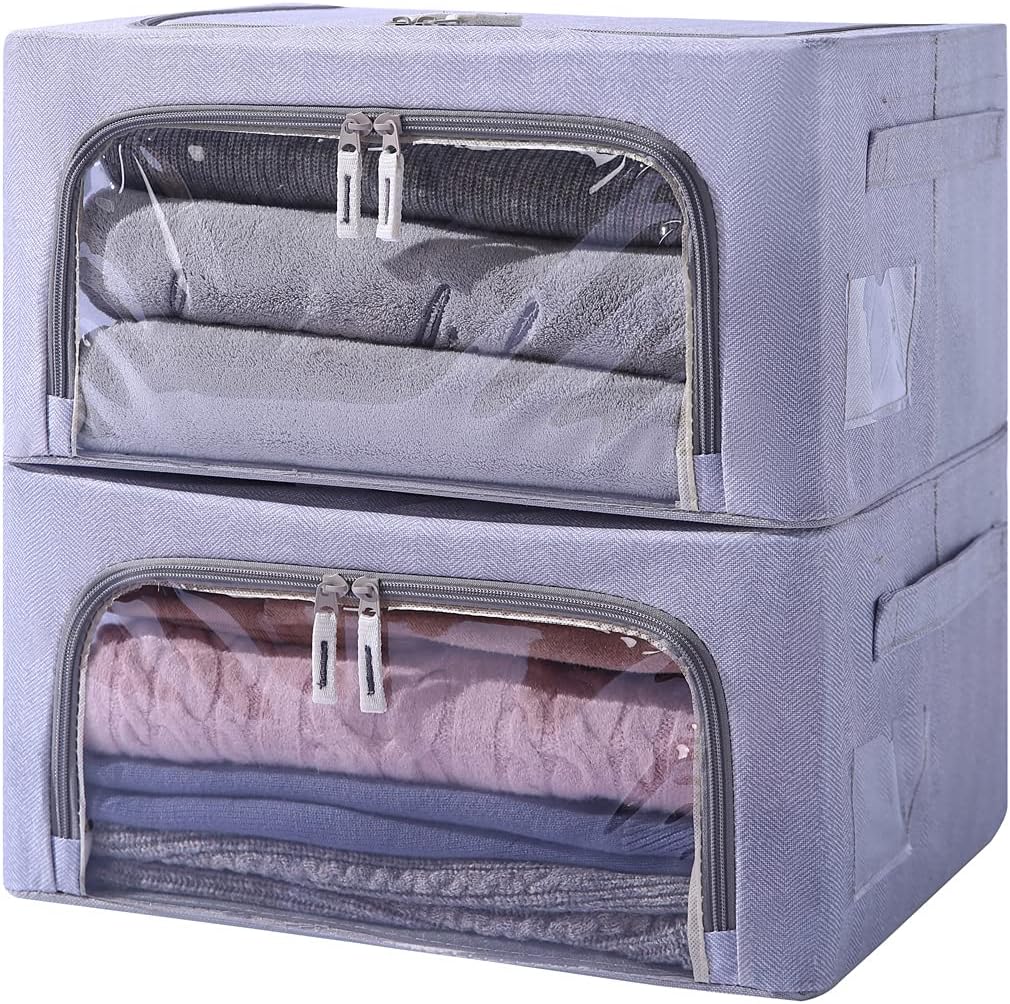 FHSQXFoldable Clear Window Storage Bins, Large Capacity Linen Fabric Storage Organizer with Carry Handles, Stackable Container Set Closet Organization for Clothes(2-Pack) (Light Grey, 15.7 x 12 x 8)