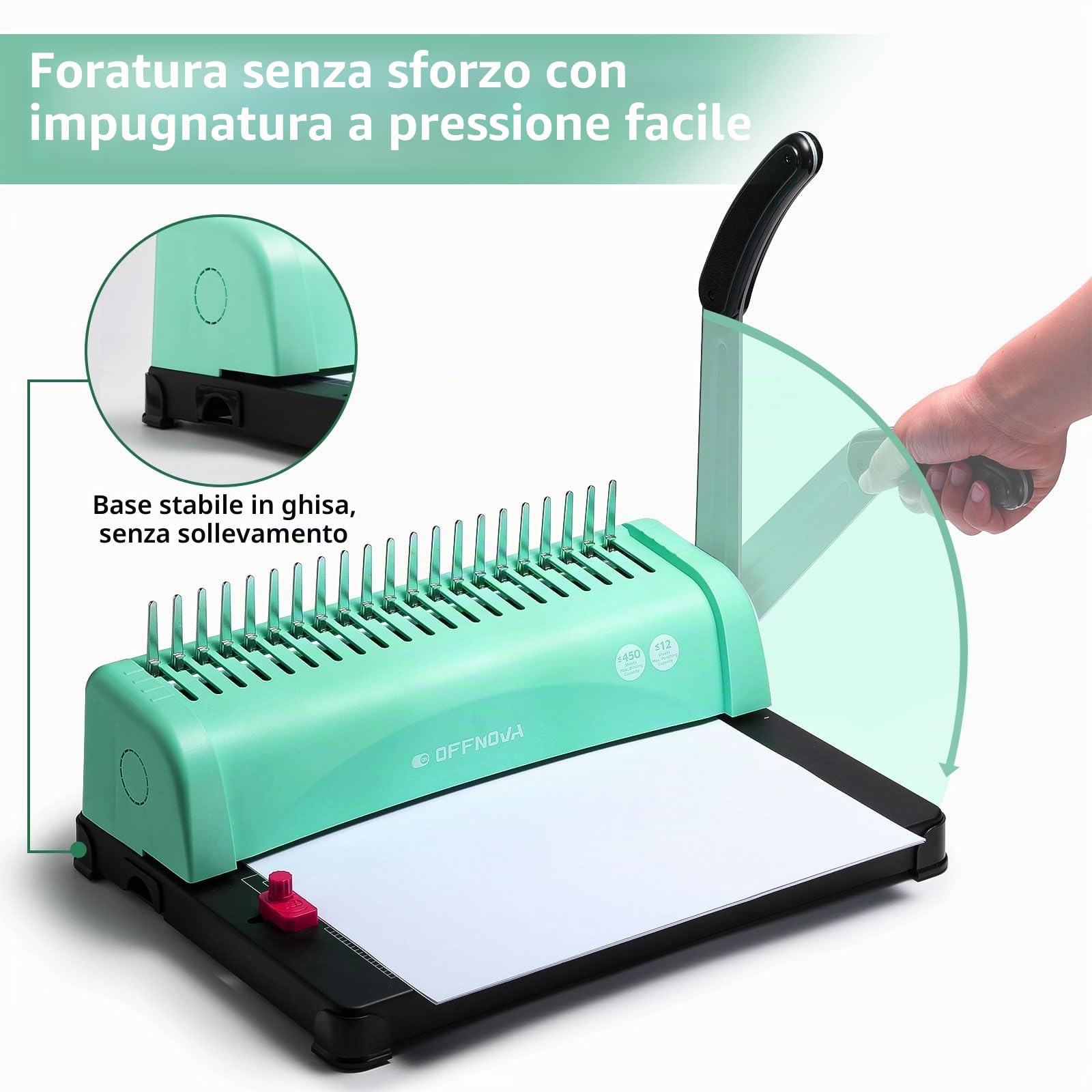 OFFNOVA Rilegatrice per Carta, Macchina per Rilegatura a Pettine 21 Fori, 450 Fogli, Compatibile con Formati A4/A5/Lettera, Maniglia Facile da Usare, Margine Regolabile per Ufficio e Scuola
