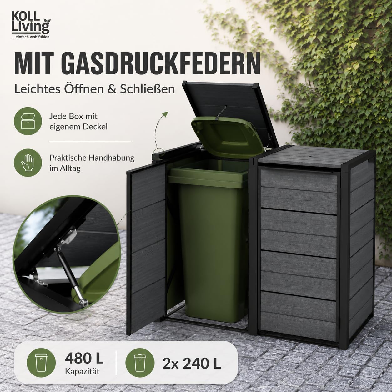 Koll Living Mülltonnenbox Hide Away | 480 Liter, flexibel erweiterbar | Stahlrahmen | mit Gasdruckfedern | Anthrazit | naturgetreue Holzoptik | wetterfest & wartungsfrei | belüftet