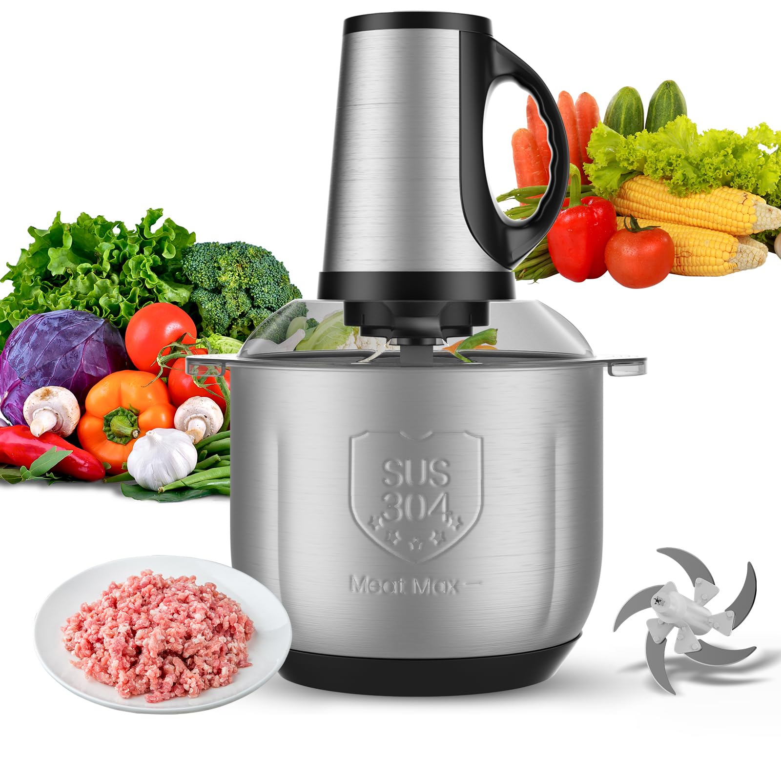 Hachoir Électrique 4L 300W – 6 Lames Inox, 3 Vitesses, Bol Acier 304 – Viande, Légumes, Fruits