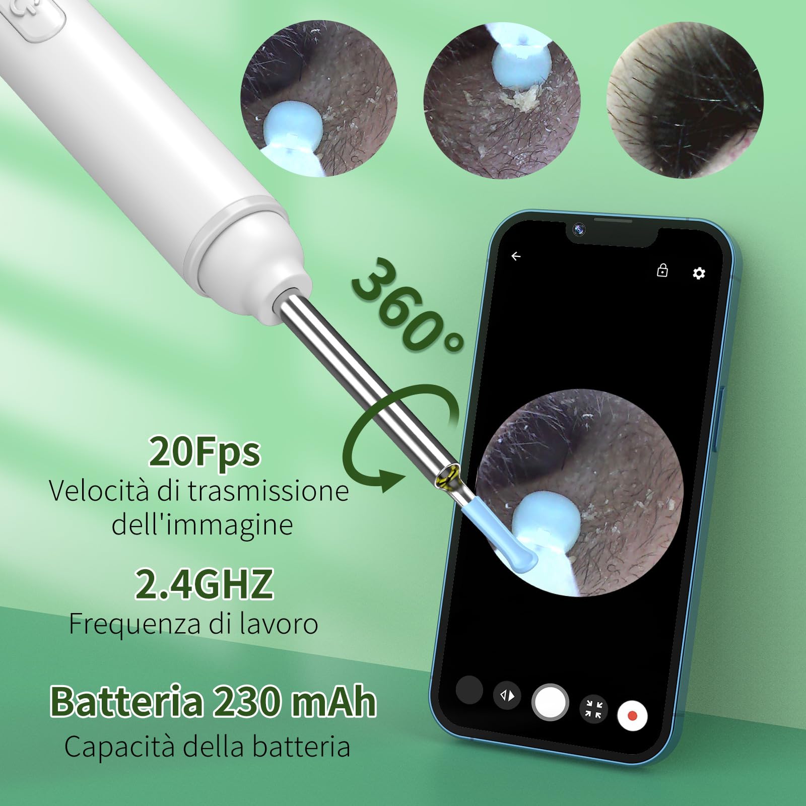 Pulizia Orecchie Otoscopio, 1920P HD Pulisci Orecchie con 6 LED, 3.5mm Pulitore Orecchie, Pulisci Orecchie per iPhone, iPad e Smartphone Android, Bianco
