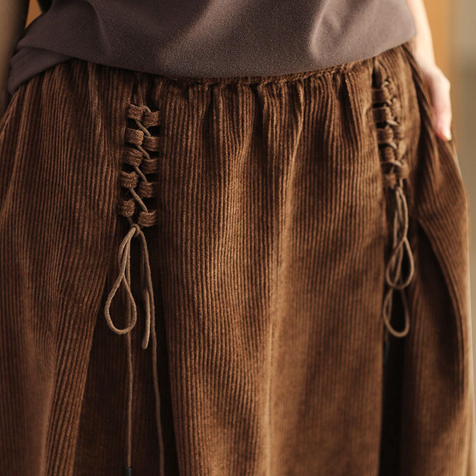Jupe Maxi Corduroy de Femmes avec nœud de Cravate latérale, Jupe Longue à Taille élevée élastique A-Line pour l'automne et l'hiver