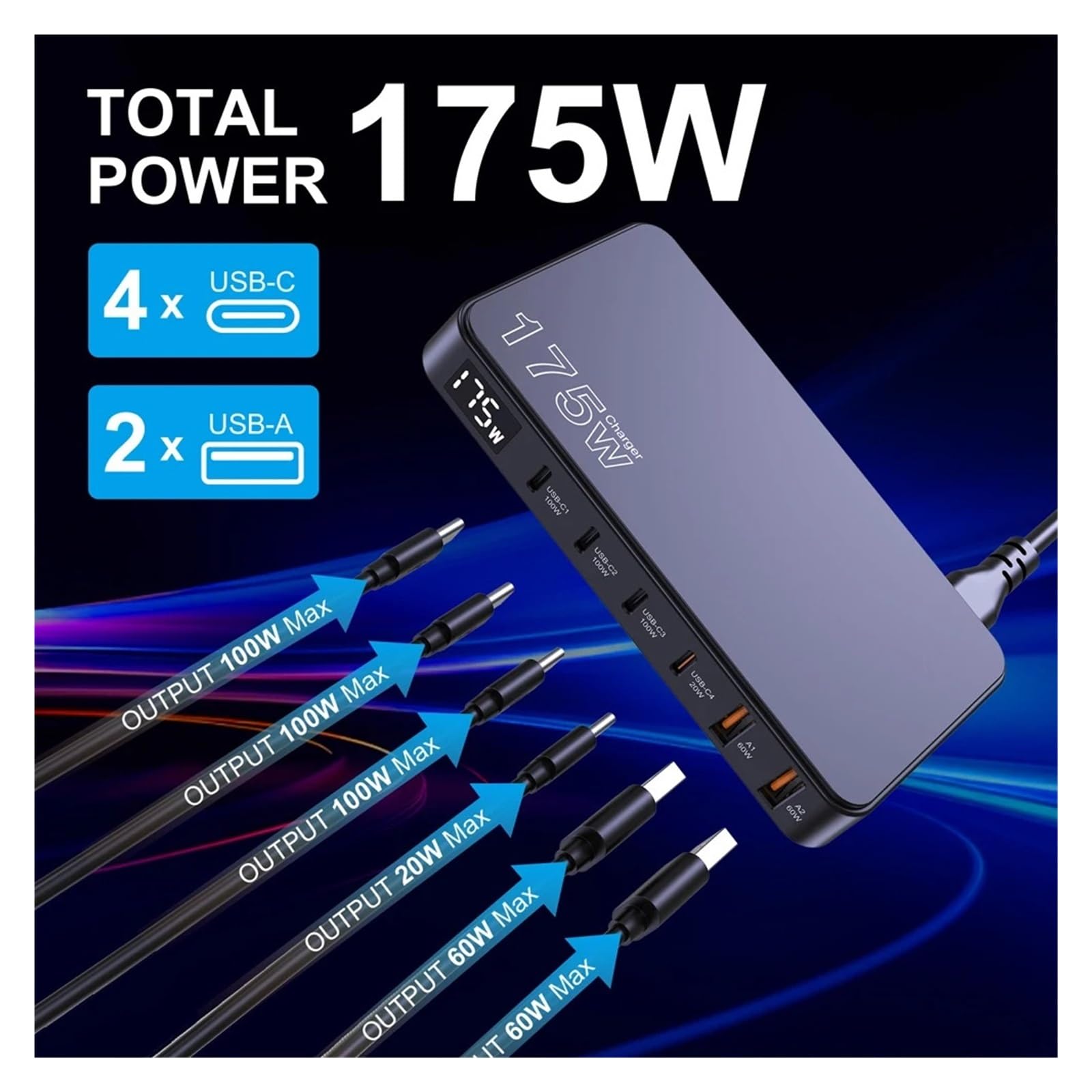Stazione Di Ricarica USB C Da 175 W Caricatore GaN Ultrasottile A 6 Porte Display LCD Tavolo PD100W Capacità Di Ricarica Rapida