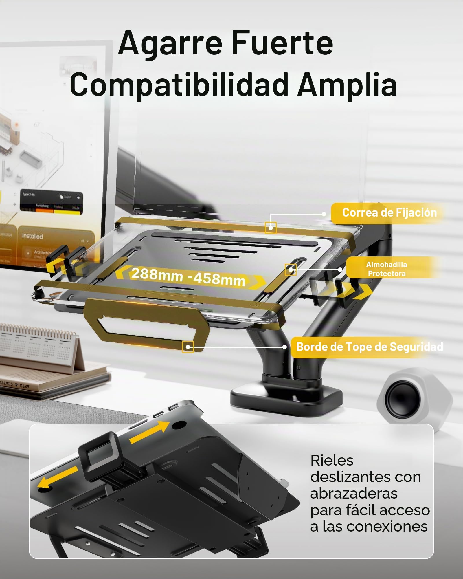 monTEK Brazo Soporte 2en1 Monitor 17-32" Portátil 12-18", VESA 75/100mm | Incluye abrazadera y pasacables de mesa, brazo ergonómico ajustable, montaje rápido, ahorra espacio para oficina y hogar