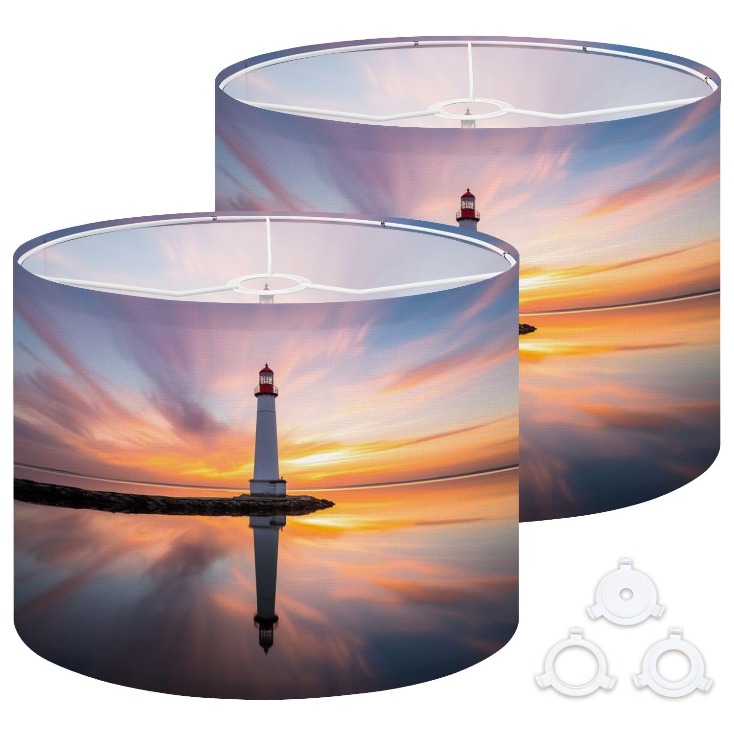 Fabric Drum Lamp Shade Lighthouse Standing Pool Water Stunning Sunset Sunrise Vintage Funky Medium Linen Decorative Lampshades 13inch Set of 2 for Table Lamps, Floor Lamps,Ceiling Lamp