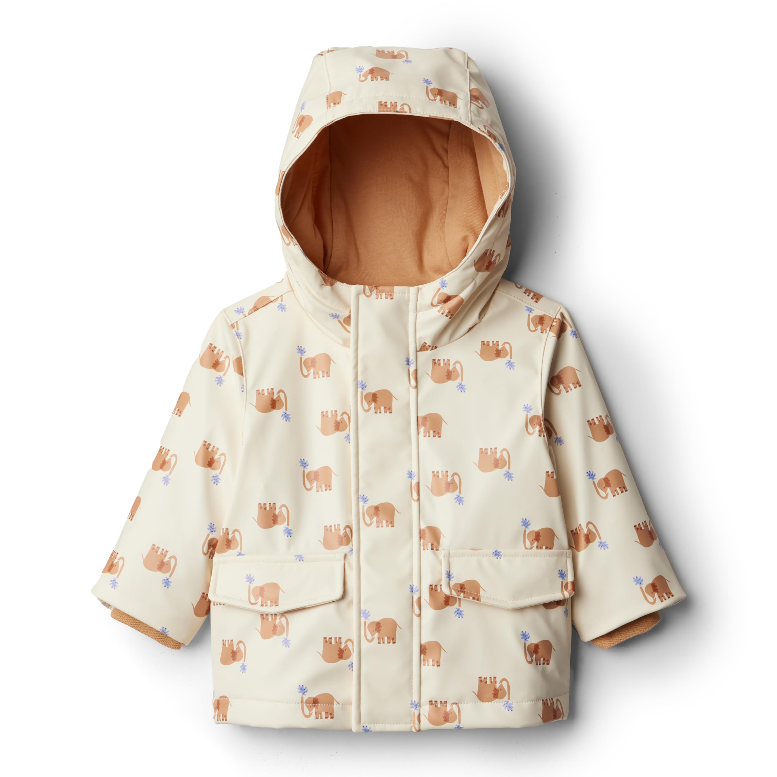 Amazon Essentials Toddler Boys' Water-Repellent Rain Jacket with Quilted Lining, Ivory Elephants, 4T
