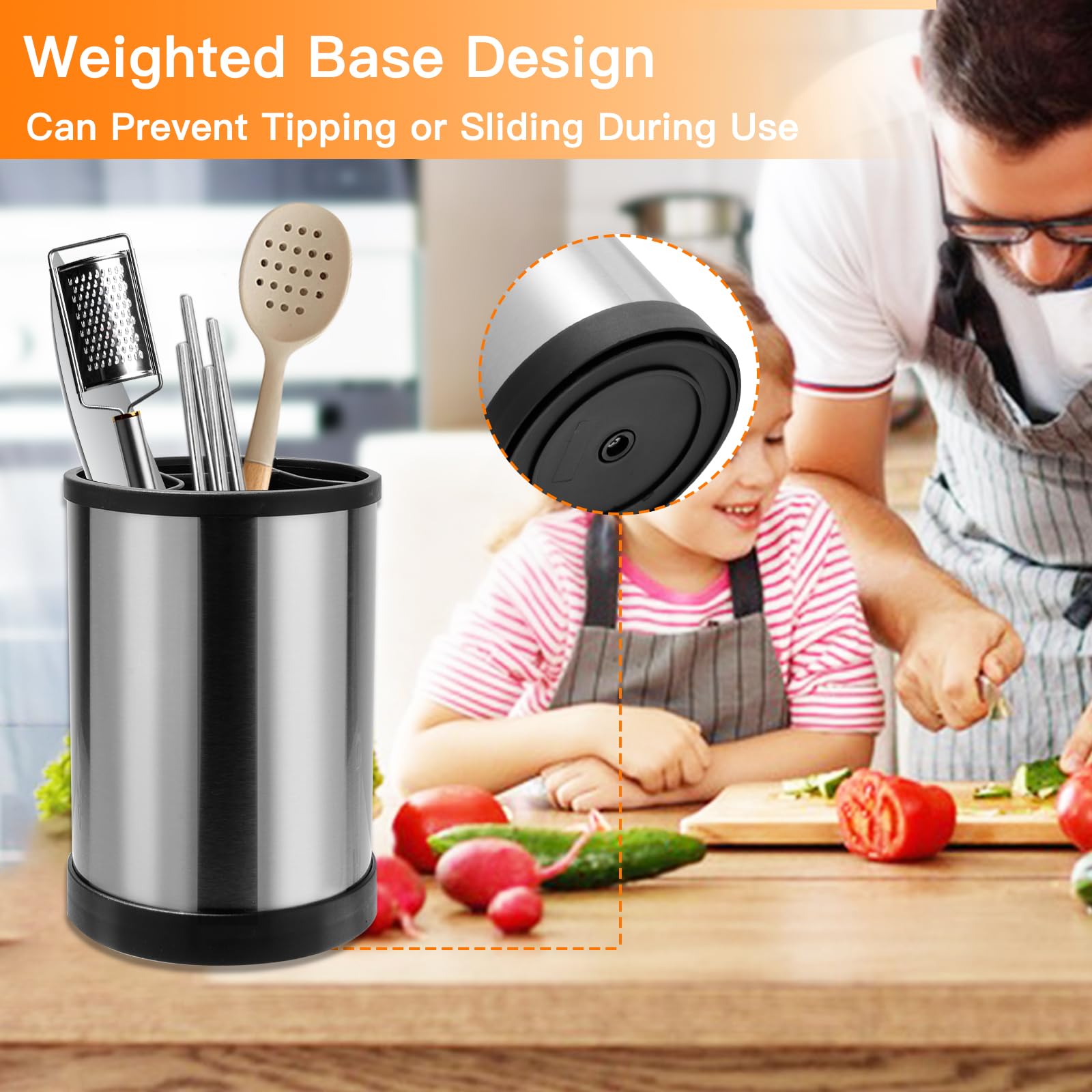 Lnopever Porte-Ustensiles Cuisine Pivotant 360° – Acier Inoxydable Noir Mat, Base Drainage, 3 Compartiments Amovibles