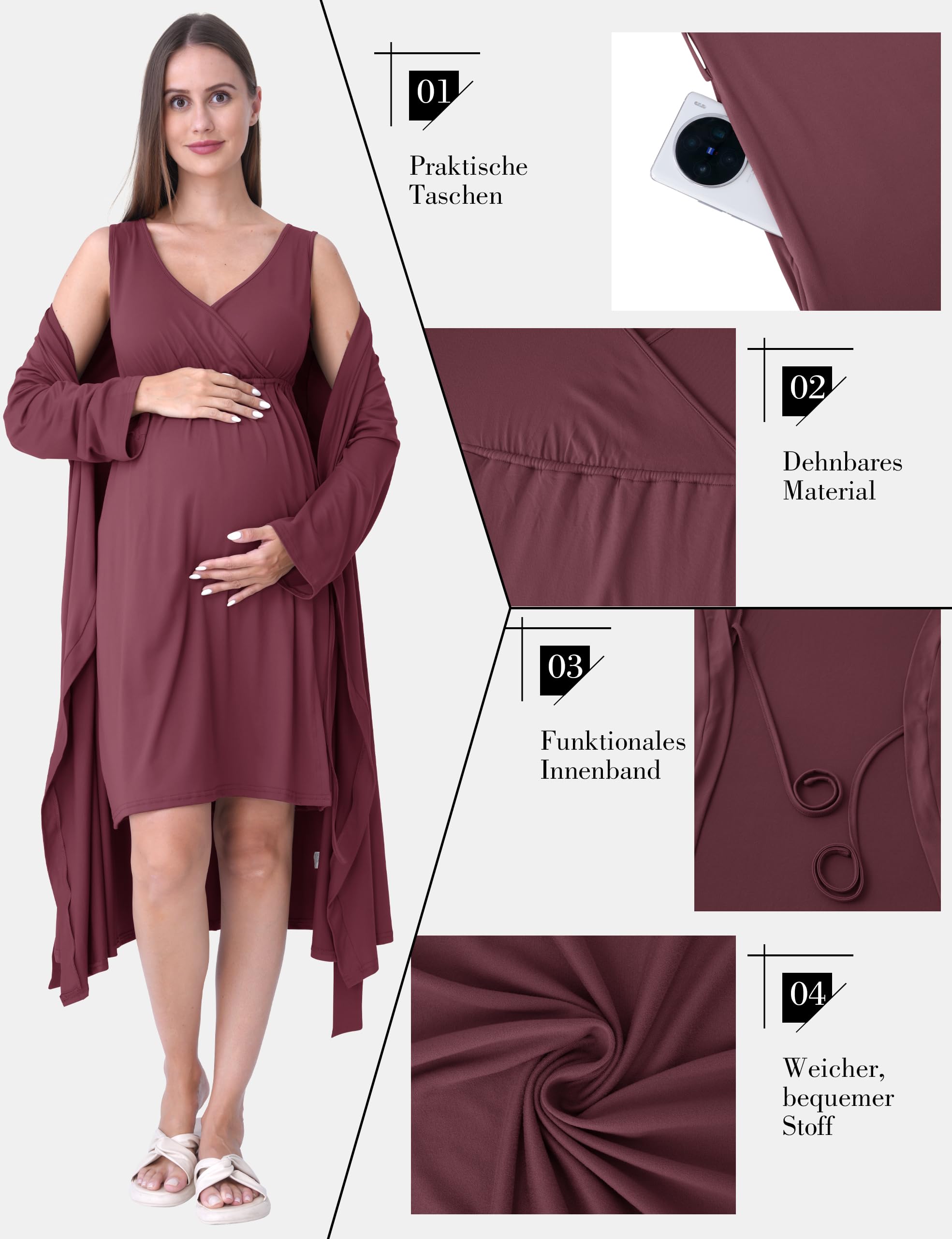 SUNNYBUY Chemise de nuit de grossesse et d'allaitement avec robe de chambre 2 pièces | Robe de nuit de grossesse 3 en 1 pour naissance, puerpéralité et allaitement, vêtement de nuit d'hôpital, rouge
