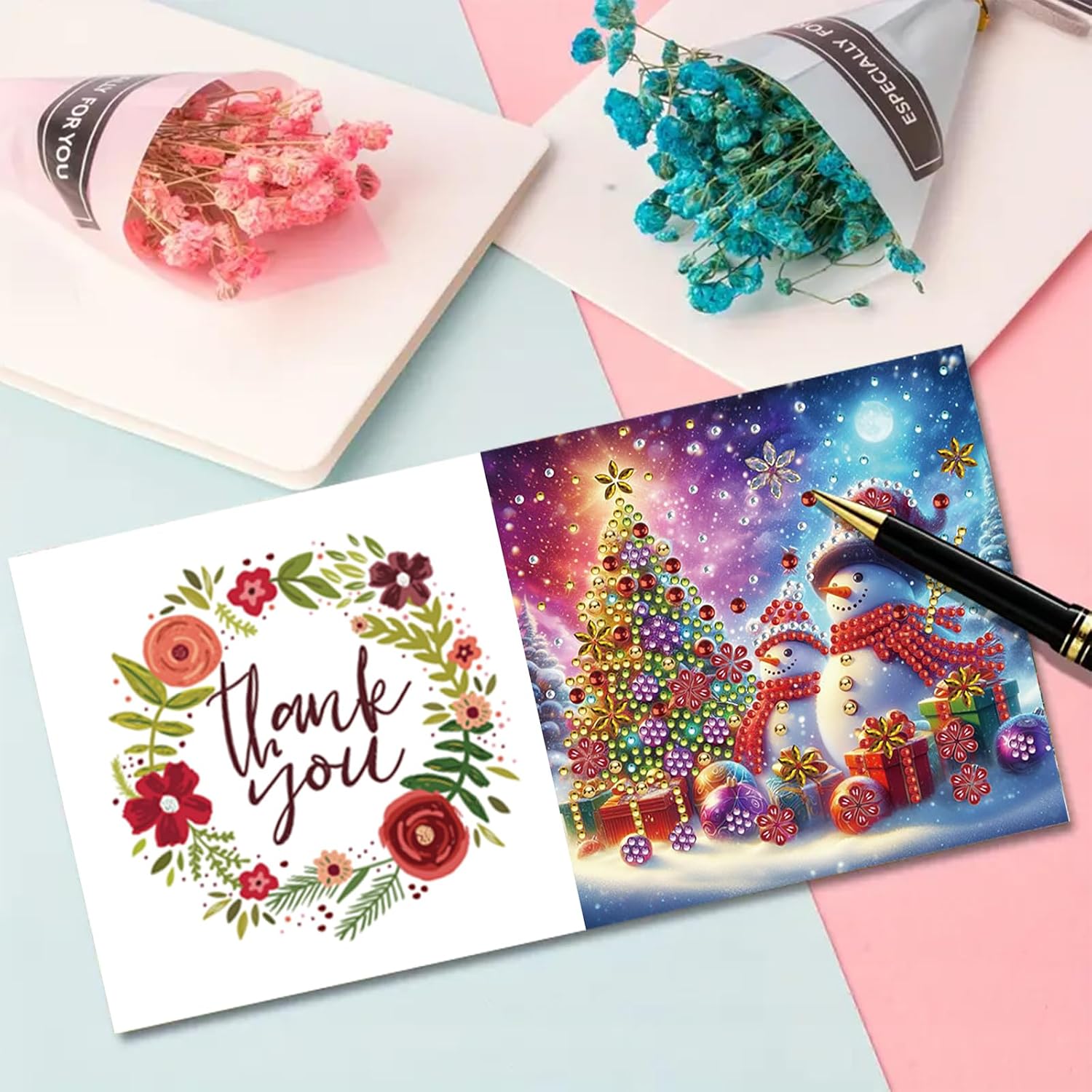 5D DIY Diamond Art Painting Christmas Greeting Cards Kit, Xmas Cards with Christmas Stickers for Xmas Greeting Gifts, Folding Greeting Card Set for Birthday Thanksgiving Day-#26-2 Set