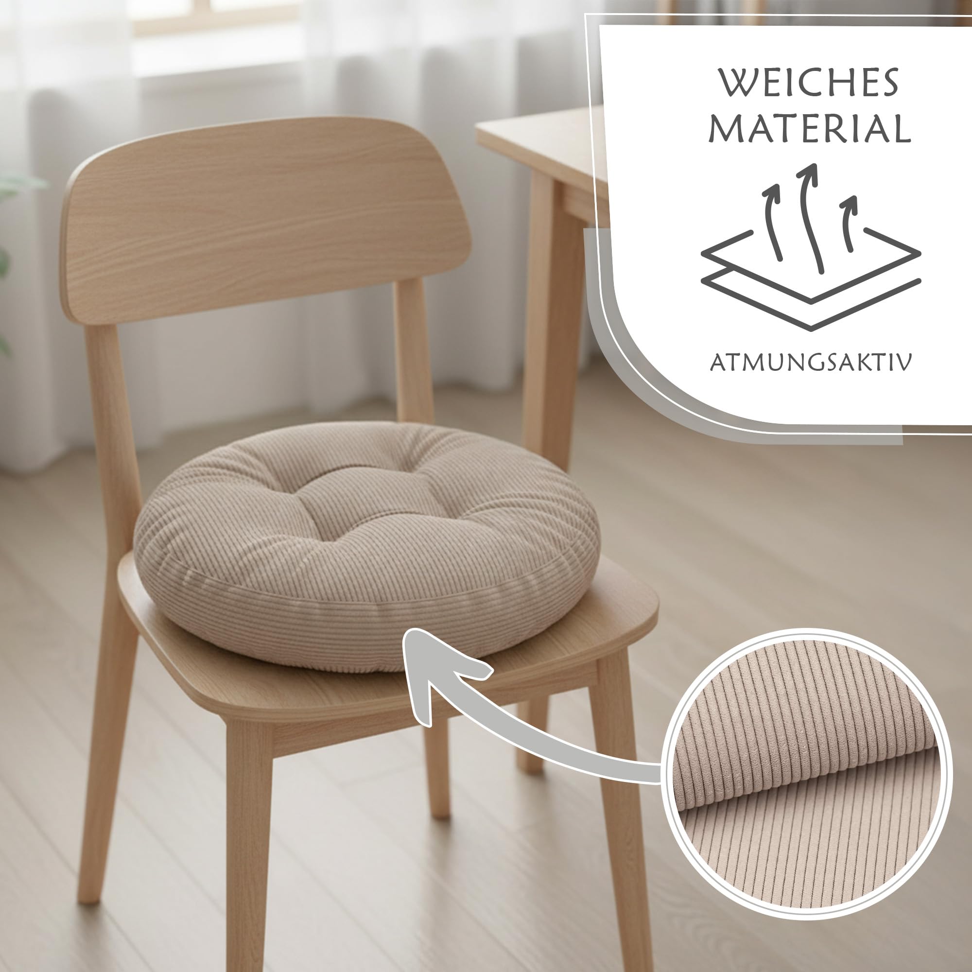 Sitzkissen Rundes Sitzpolster 4er Set 40 cm aus Cord waschbar – Stuhlkissen & Bodenkissen Sitzpolster Stuhlauflage für Esszimmer Wohnzimmer Küche Sitzbank & Hocker Beige
