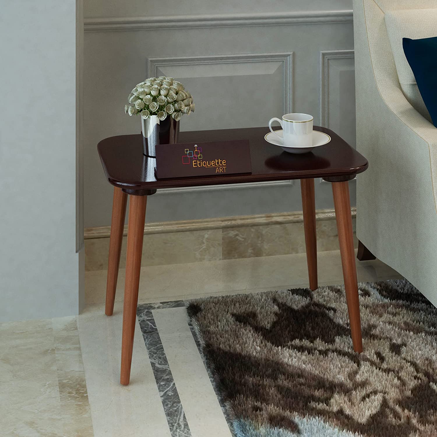 Ereteken ART Wood Side Table, Modern Side Tables for Small Spaces, 4 Leg Rectangle Shape Accent Table as Nightstand, Coffee Table, for Plant in Bedroom, Living Room-Brown-image-41
