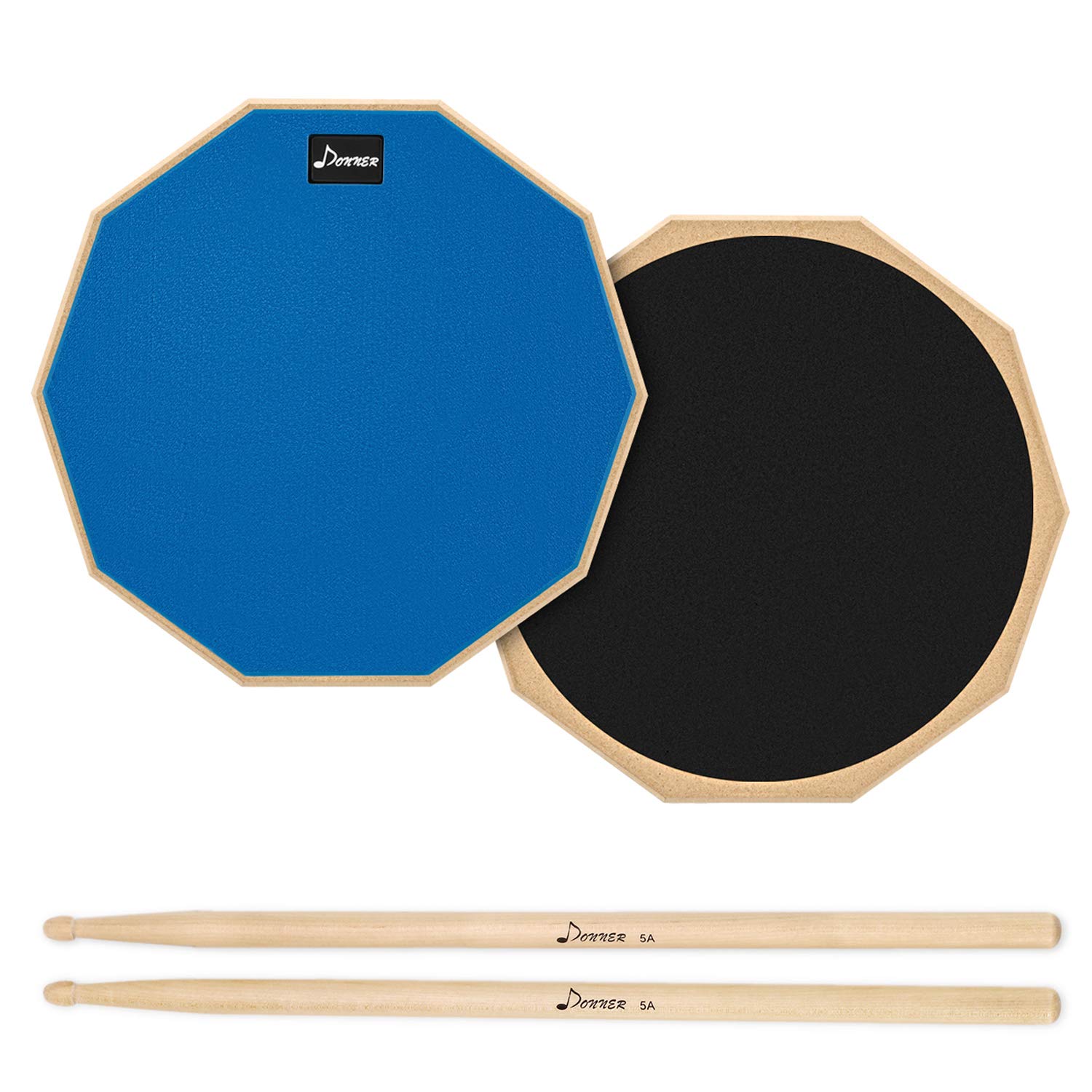 Donner 12 Inches Drum Practice Pad, 2-Sided Silent Rubber Practice Pad with Drum Sticks, Blue
