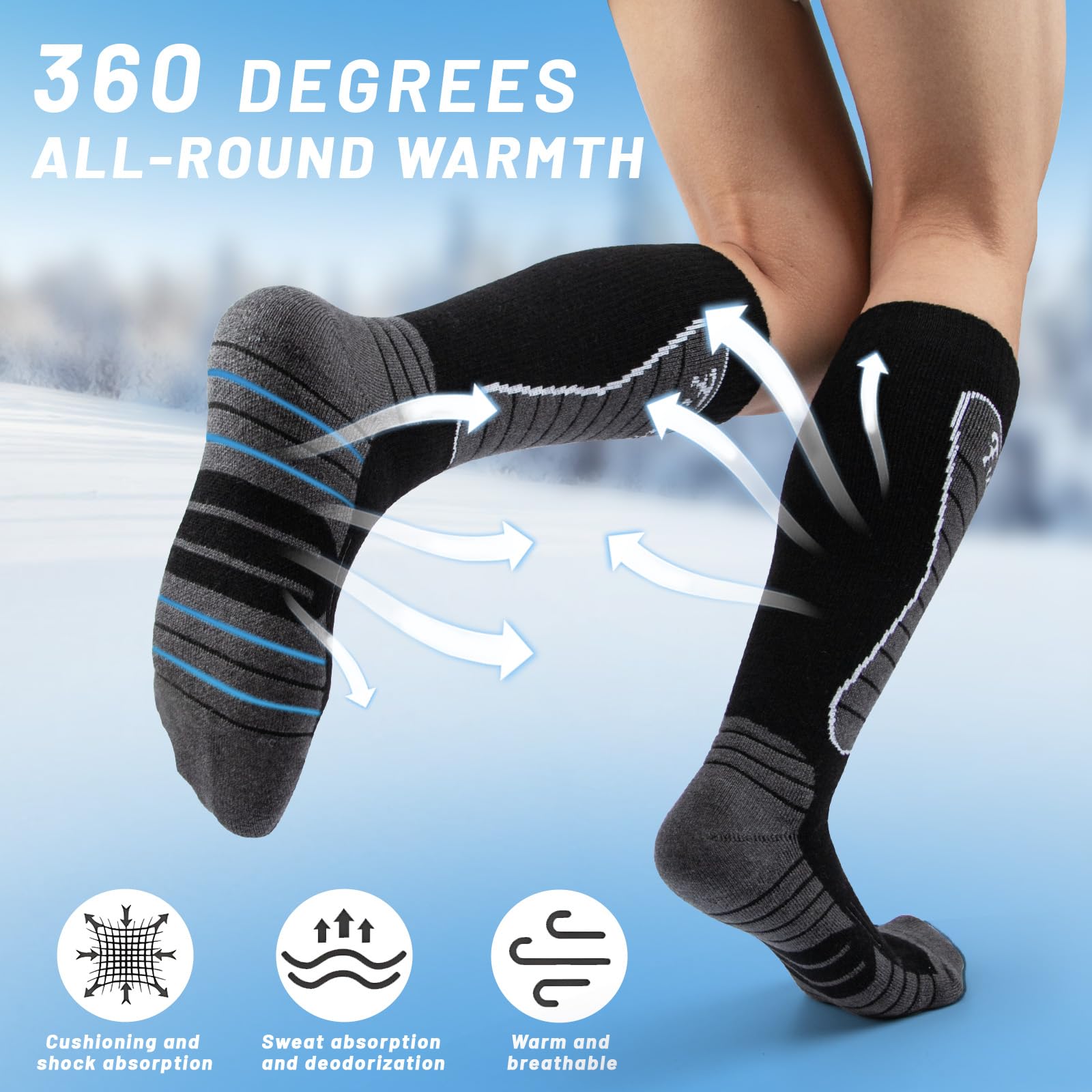 Funyord 2 Paia Calze Sci in Lana Merino Per Uomo, Calze da Sci Calze Termiche al Ginocchio Per Sci, Snowboard, Escursionismo, Sport Invernali