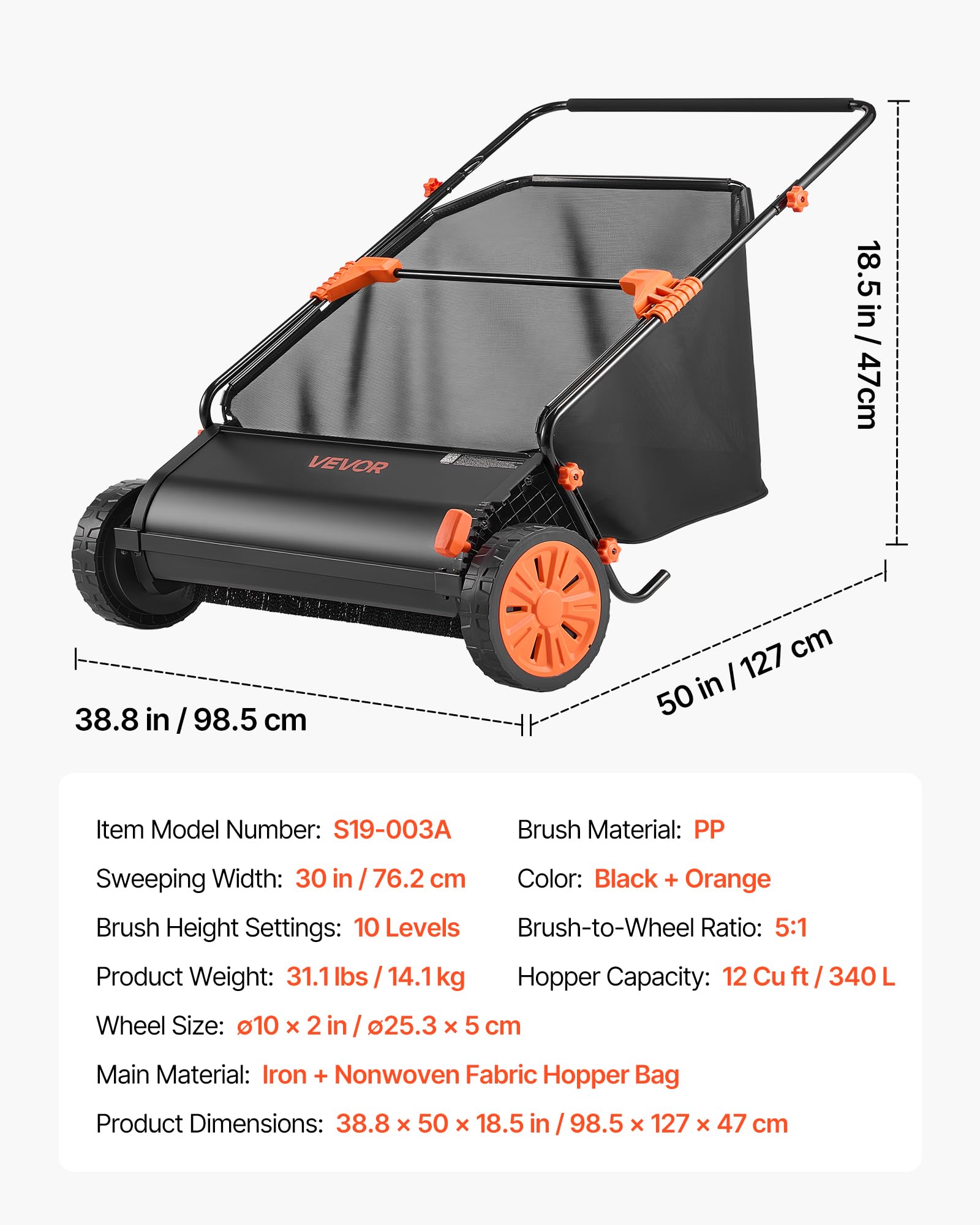 VEVOR Barredora Peinadora Césped Manual, Ancho de Trabajo de 76,2 cm, Cepillo para Césped, Bolsa de Recogida de 340 L, Cepillos Giratorios, 10 Alturas Ajustables, Limpiador para Jardín Patio Parque