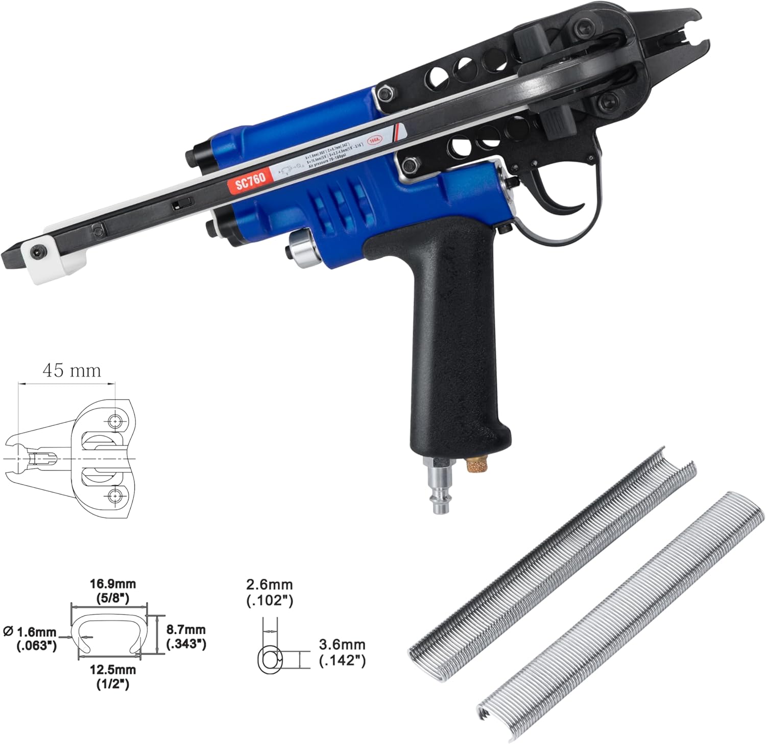 Pneumatic Hog Ring Pliers, 16 Gauge 1/2" Crown C Ring Stapler, 2.6–3.6 mm Closure, Lightweight Hog Ring Gun for Upholstery, Pet Cages & Bag Closing