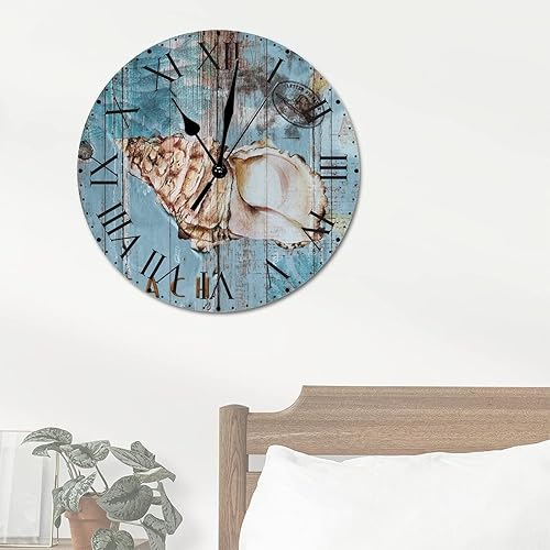 Miniatura 9 de ArogGeld Reloj de pared colgante de PVC con diseño de concha vintage con números romanos de 12 pulgadas funciona con pilas estilo mediterráneo para