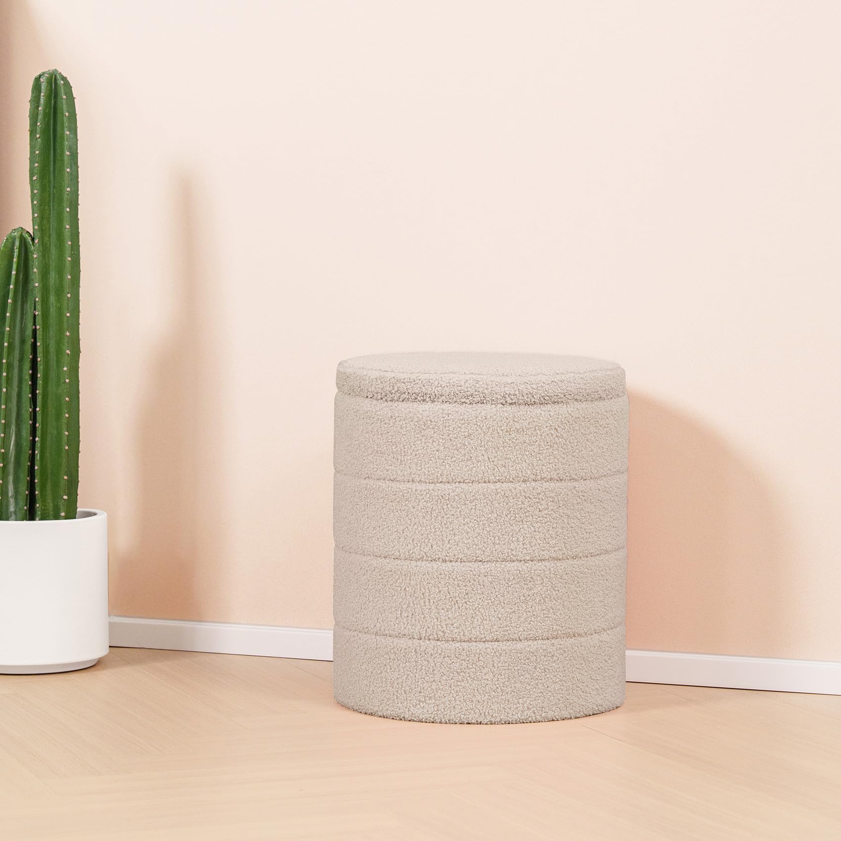 Bonlife Tabouret de Rangement, Rond Pouf Pliable, Coffre de Rangement, pour Salon, Chambre, Dortoir, Charge jusqu'à 120 kg, Beige, 37x37x45 cm