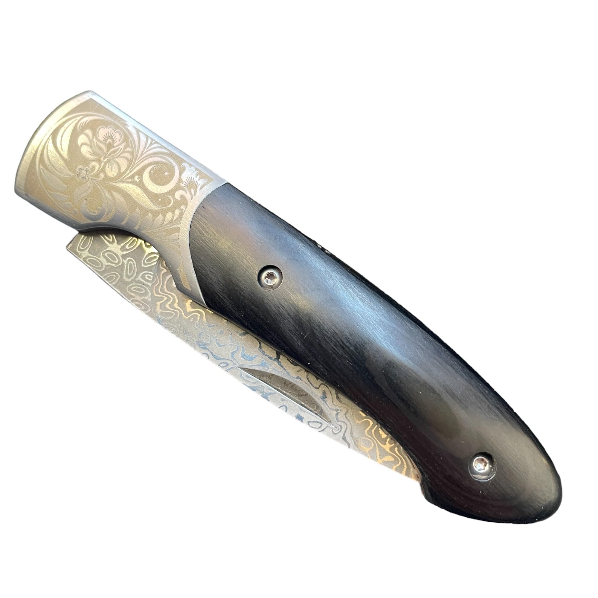 Navaja Damasquinada - 17,40 cm - hoja 7,20 cm damasquinada de acero damasco 67 lamas - mango negro de madera 10,20 cm - peso 91,60 gr - Bushcraft Ideal para Portabilidad y Uso Diario