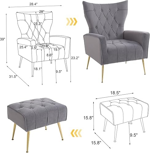 Miniatura 2 de ODUWA Silla decorativa de terciopelo con otomana, sillas decorativas modernas con reposabrazos y respaldo, silla capitoné con botones, sillón