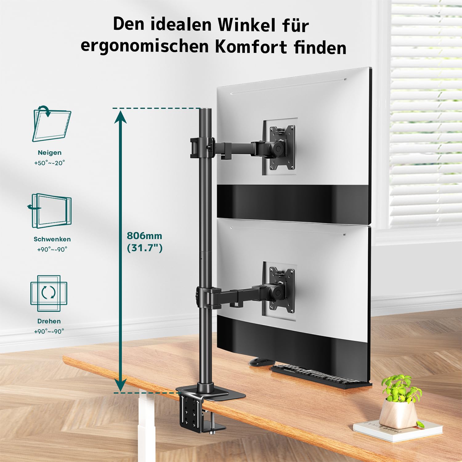 Dual Monitor Halterung 17-49" Flach & Curved 20kg/Arm, Höhenverstellbar | Vollständig verstellbare Tischhalterung, Schnellwechsel-VESA, Integriertes Kabelmanagement & Platzsparendes Stap