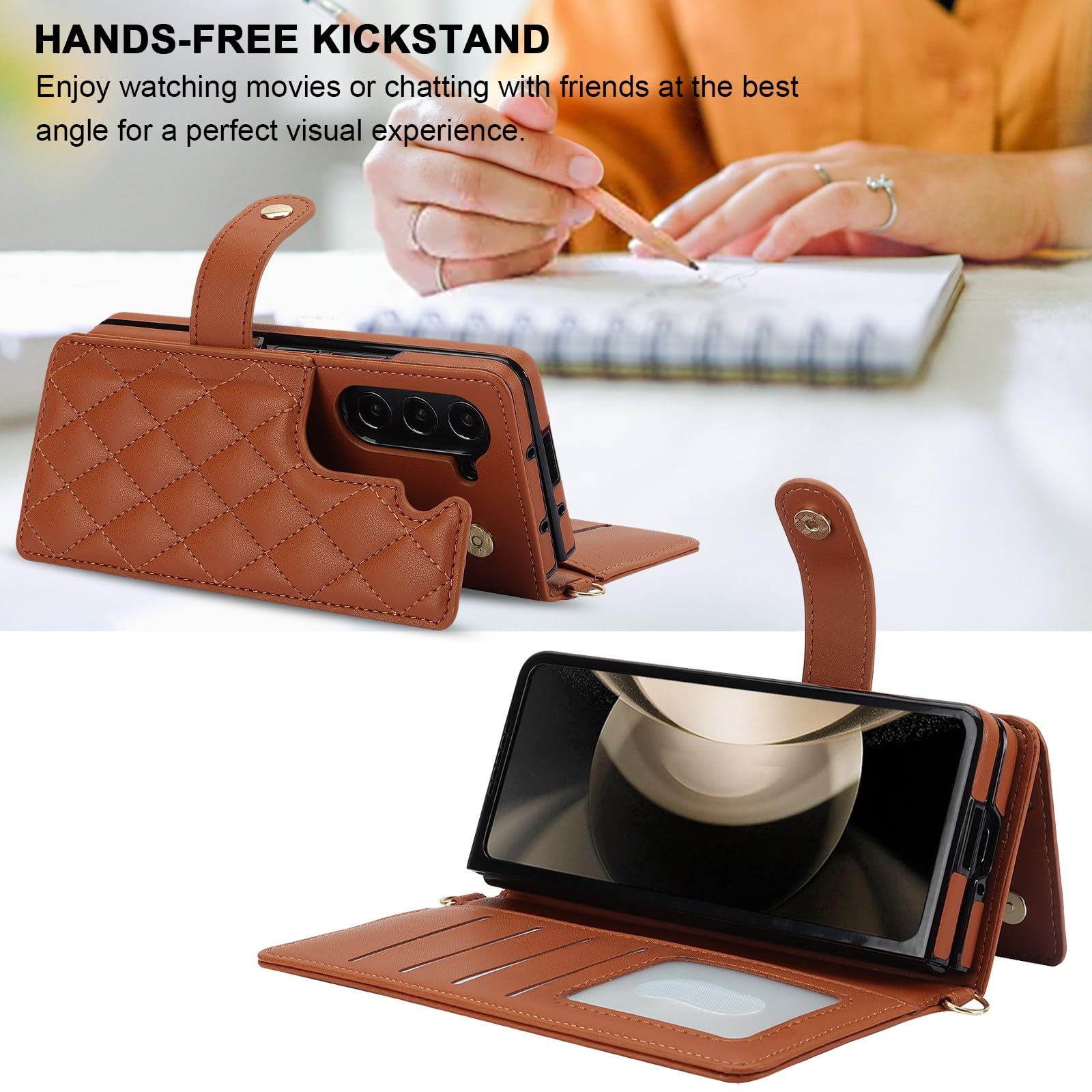Generic etui kompatybilne z Samsung Galaxy Z Fold 5 (kolor: beżowy biały) wzór siatki skórzany portfel etui z klapką pokrowiec na długopis z paskiem na ramię