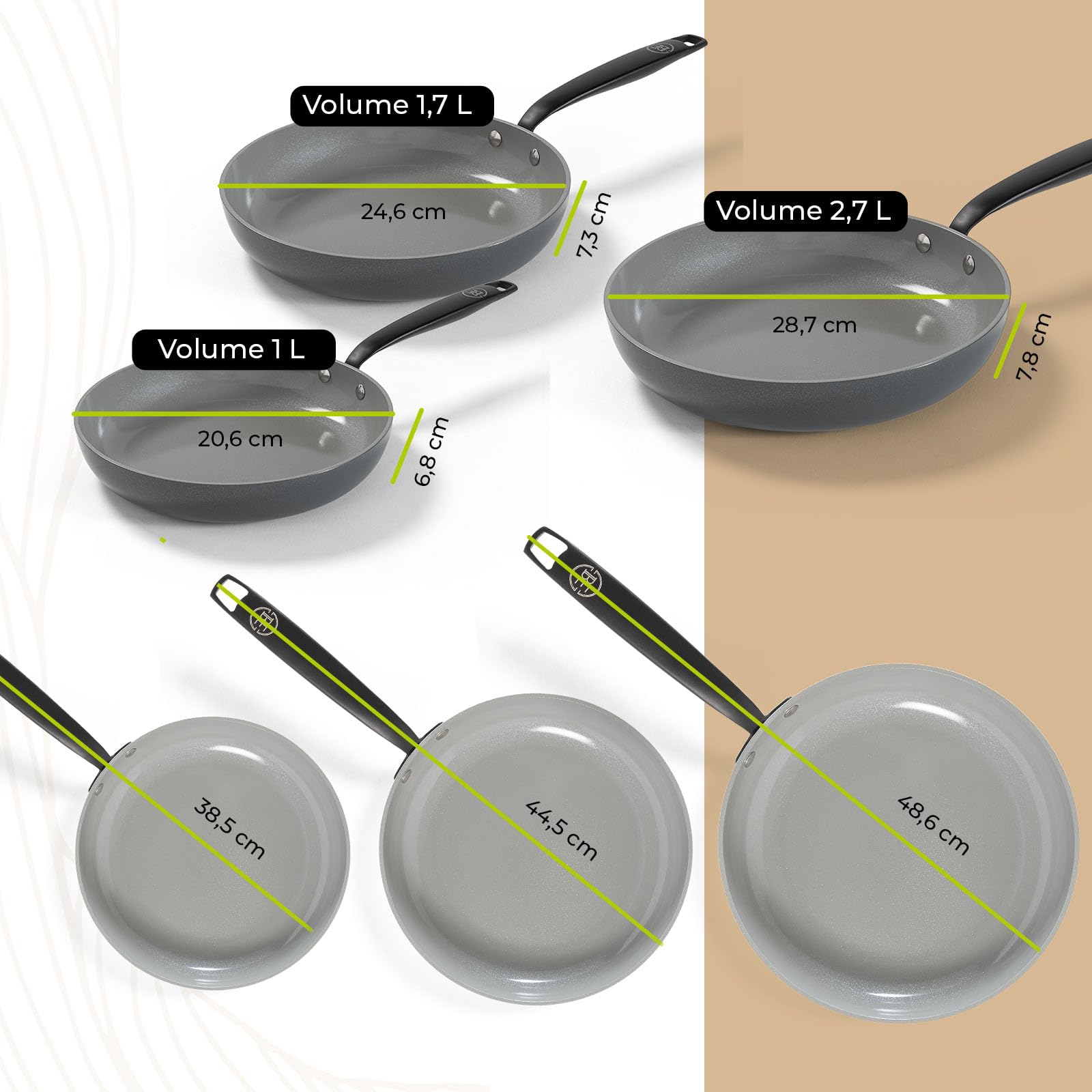 BE Living Essential 5-częściowy zestaw garnków, Ø 20, 24 i 28 cm patelnia do smażenia + Ø 30 cm patelnia do gotowania + Ø 28 cm, zestaw patelni, ceramiczne, bez PFAS, indukcja, szary